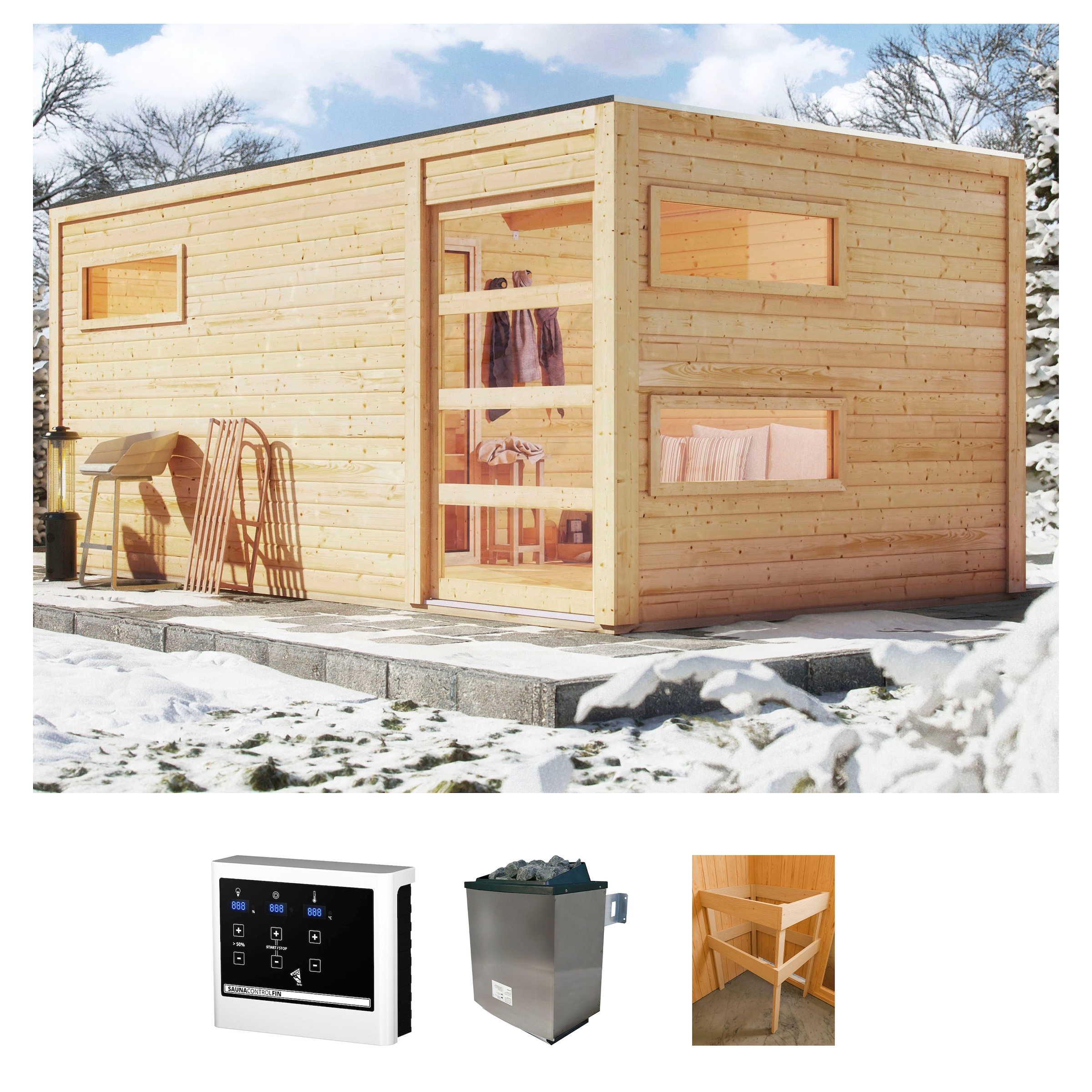 KONIFERA Saunahaus "Hagen" Set, Ofen 9 KW externe Strg easy