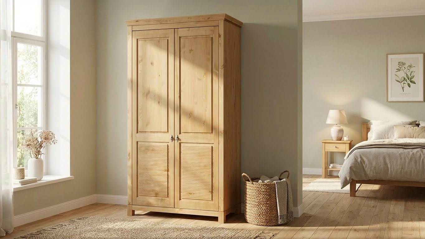 OTTO home Kleiderschrank "Rauna, mit Lamellen und Kassetten, klassischer Landhausstil, rustikal" 2 Breiten: 113/159 cm H/T ca. 195/60 cm, massive Kiefer, Metallgriffe, mehrere Varianten, zeitloses Design