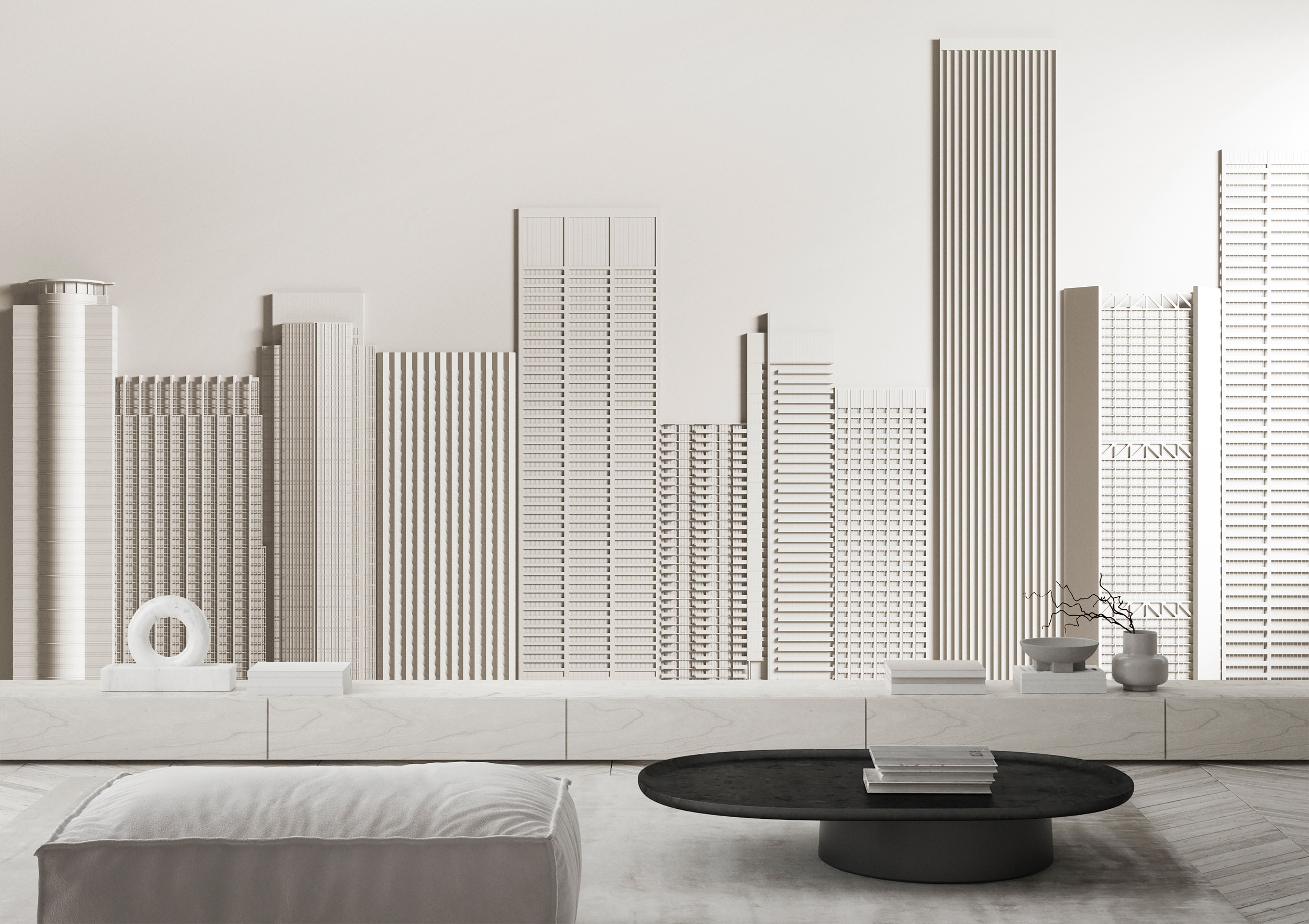 living walls "Fototapete Skyline in Beige Weiß Modern Architekt" matt glatt