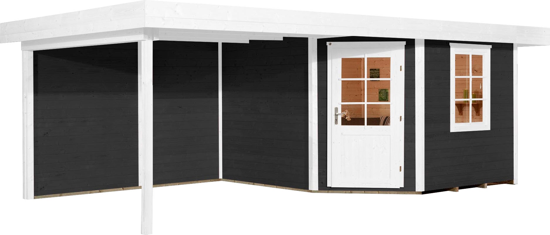 Gartenhaus WEKA, grau, Massivholz, Gartenhäuser, "Designhaus 213 Plus", mit Anbaudach und Rückwand