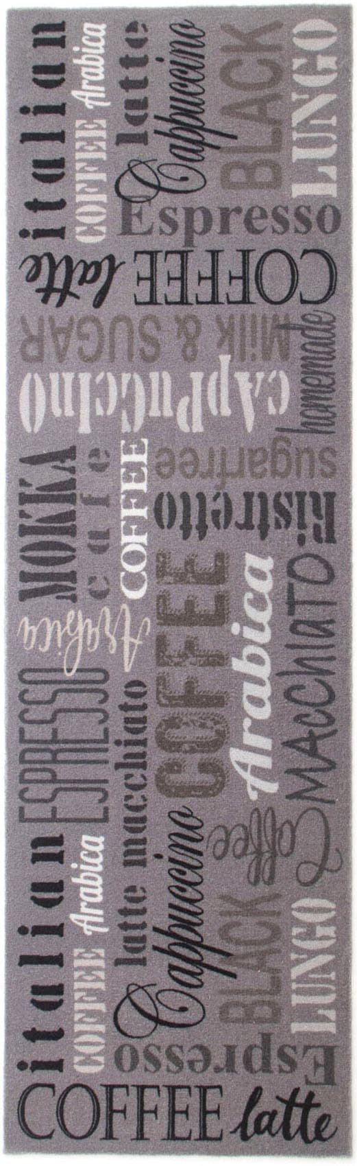 Küchenläufer "COFFEE, Made in Belgium", grau, B:50cm H:6,5mm L:150cm, Polyamid, PRIMAFLOR-IDEEN IN TEXTIL, Teppiche, mit Schriftzug, Größe 50x150 cm, rutschhemmend, waschbar, Küche