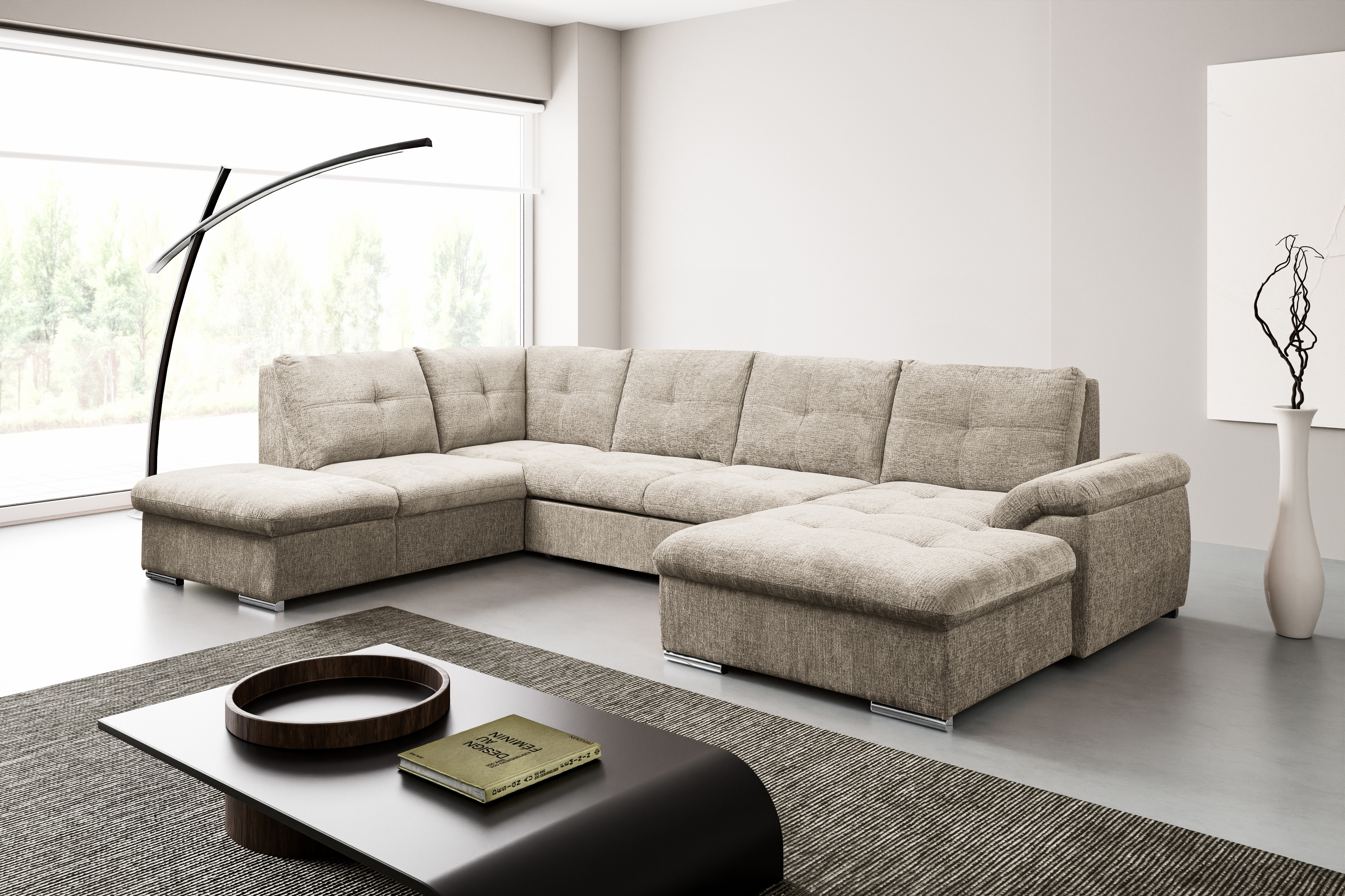 WERK2 Wohnlandschaft "Arena 339 x 220 cm modern und bequem" U-Form, XXL, Schlaffunktion, Bettkasten