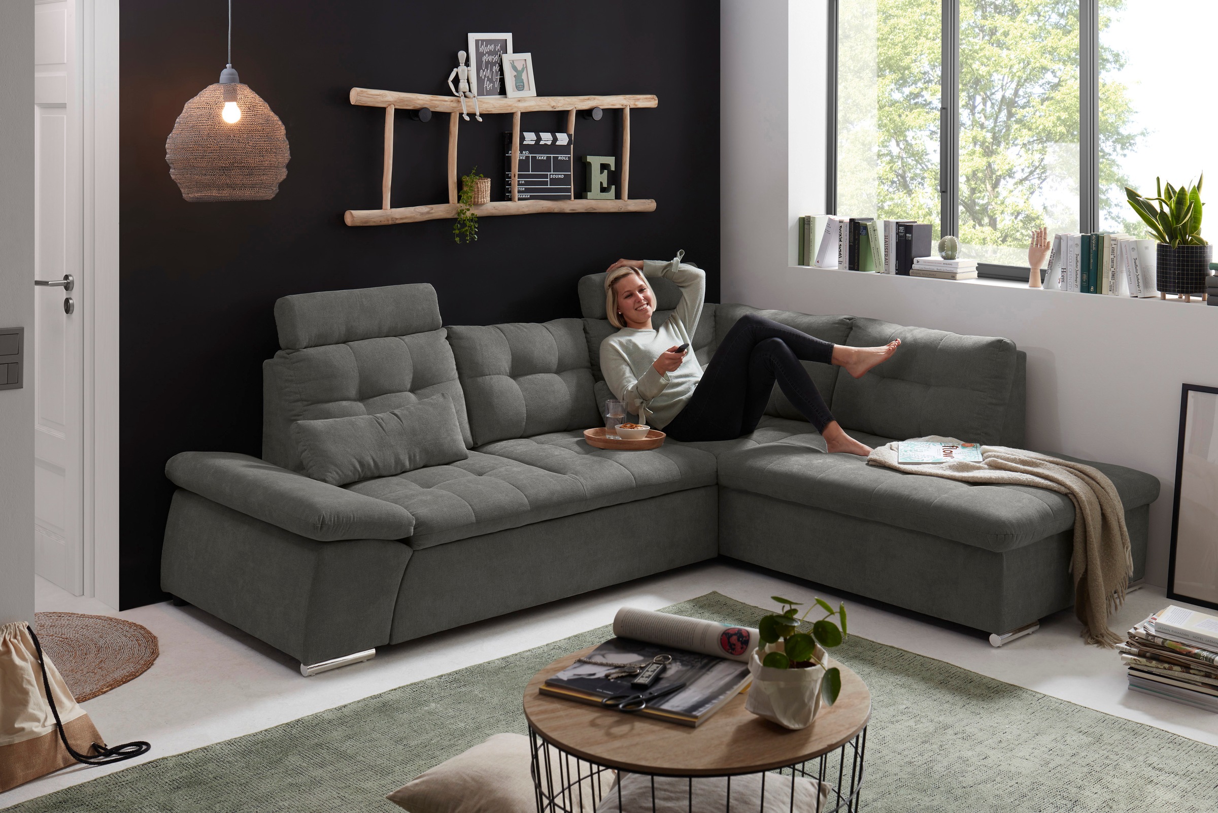 ED EXCITING DESIGN Ecksofa »Nalo L-Form«, mit Bettfunktion, Armteilverstellung, Kopfstützen & 2 Nierenkissen