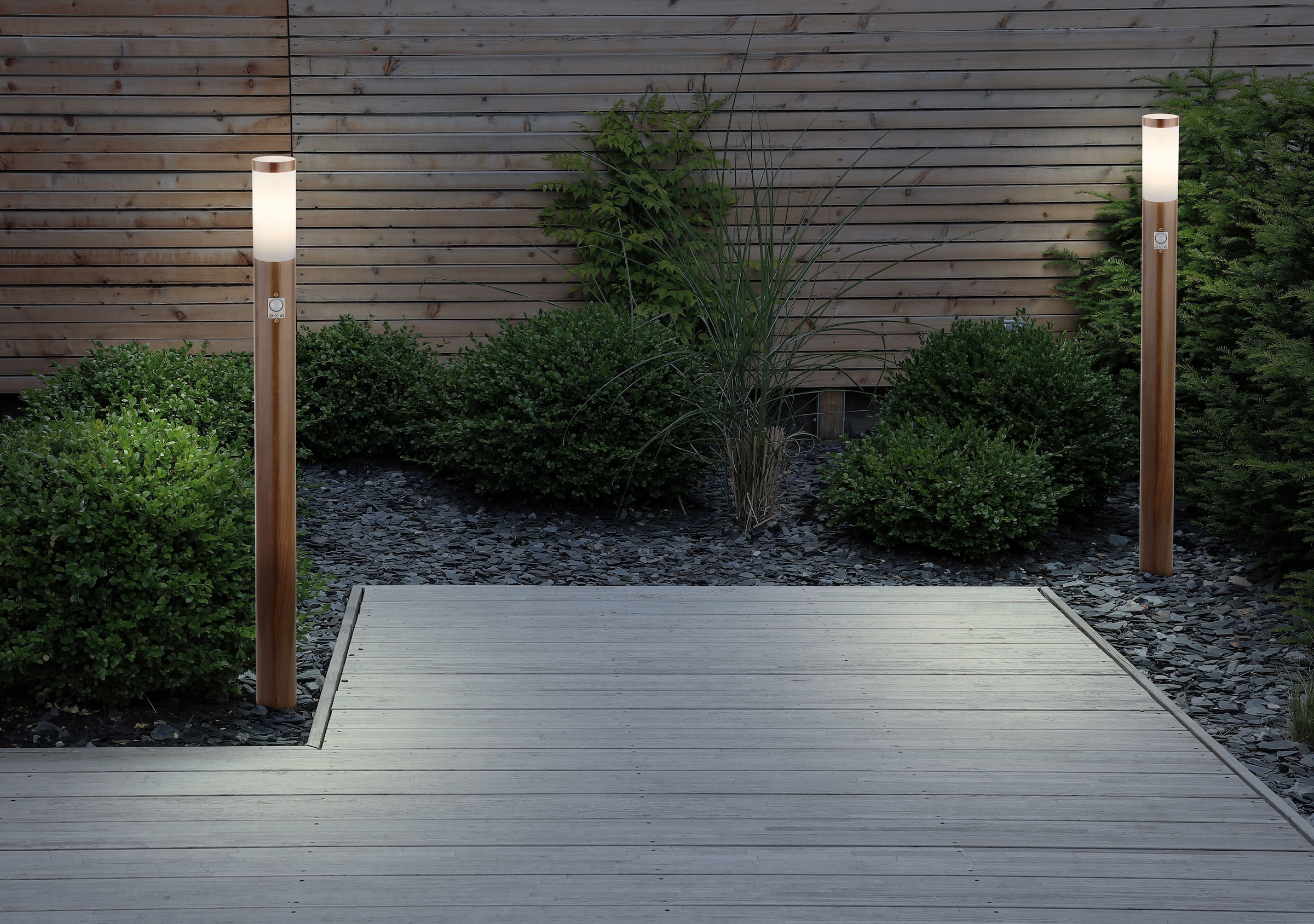 GLOBO LIGHTING Außen-Stehlampe »BOSTON«, Leuchtmittel E27 | ohne Leuchtmittel, Außenlampe/holzoptik/IP44/Terrasse/Sensor/ø: 127mm