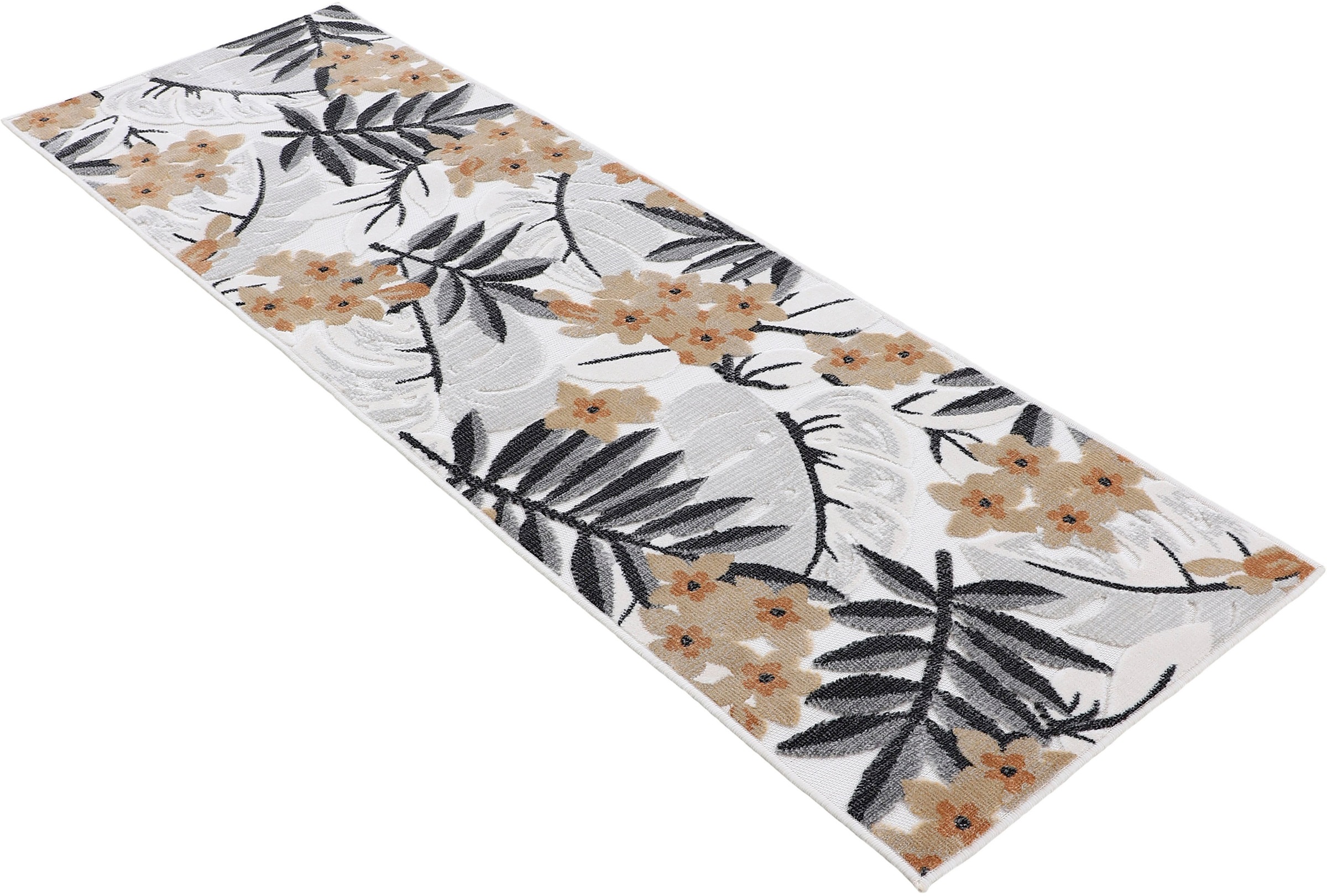 Thumbnail - carpetfine Teppich "Deja 102" rechteckig 4 mm Höhe robustes Flachgewebe, Floral Palmenblätter, In- und Outdoor, Läufer