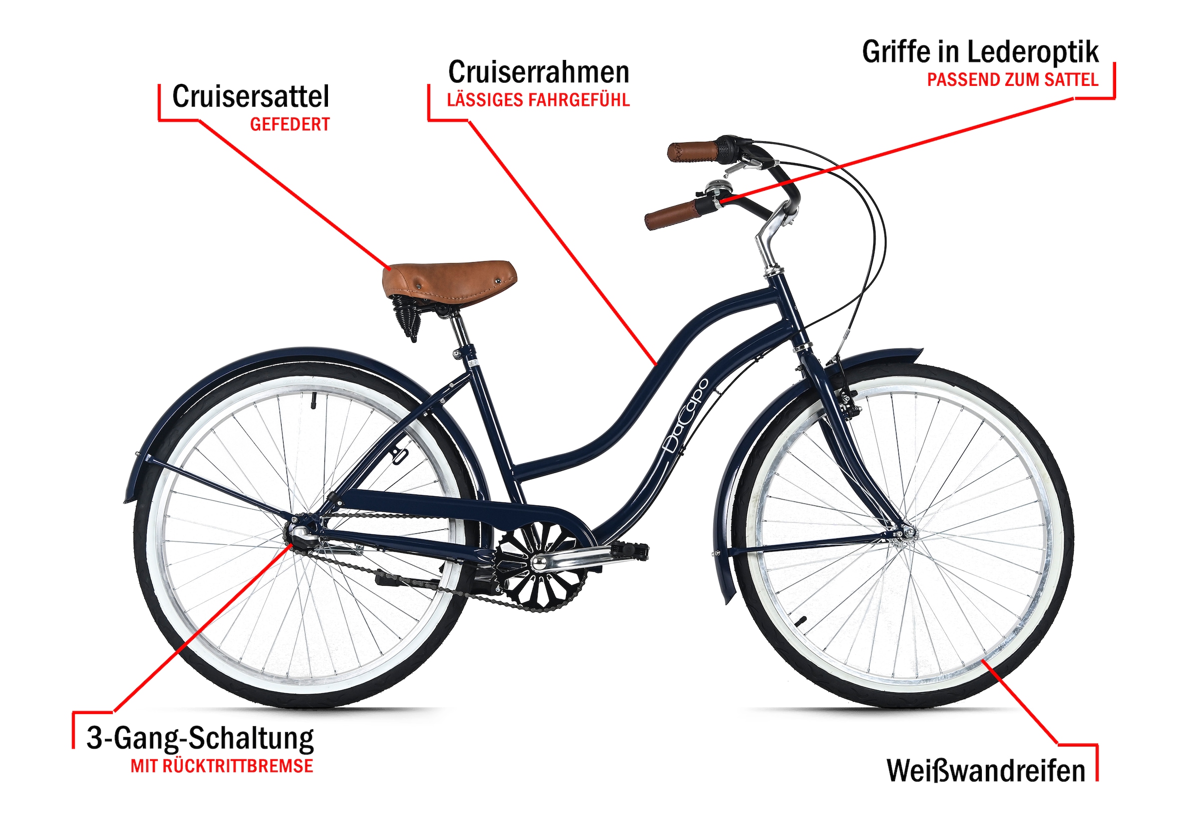 Dacapo Cruiser »Beachcruiser Damen 26" California Blau 3 Gänge RH 46 cm« 3 Gang Shimano Nexus Schaltwerk Nabenschaltung