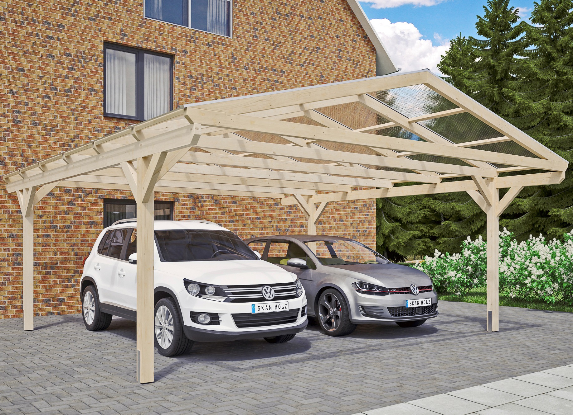 Skanholz Doppelcarport "Westerwald", Leimholz-Nordisches Fichtenholz, 534 cm, natur