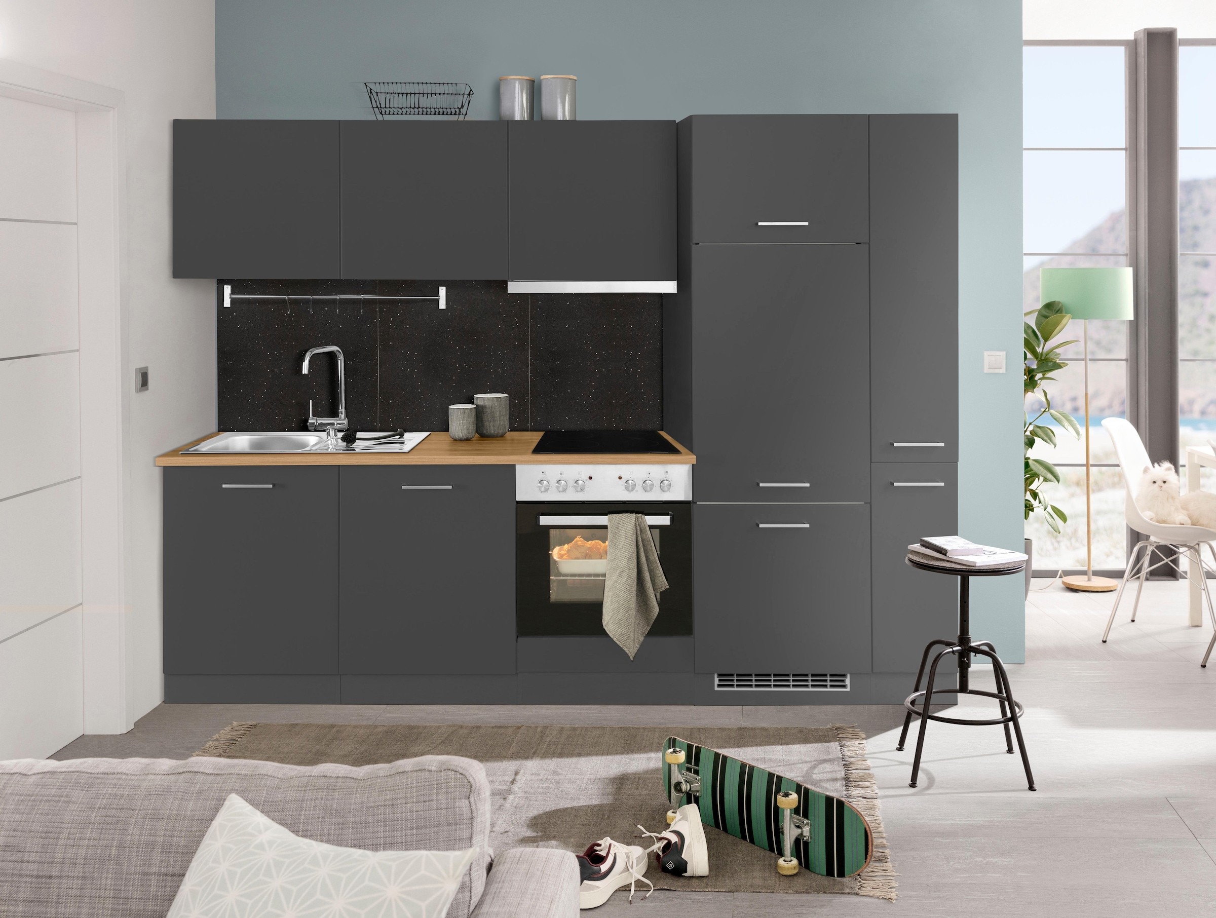 KOCHSTATION Küchenzeile »KS-Kehl«, mit E-Geräten, Breite 270 cm, inkl. Kühlschrank und Geschirrspüler