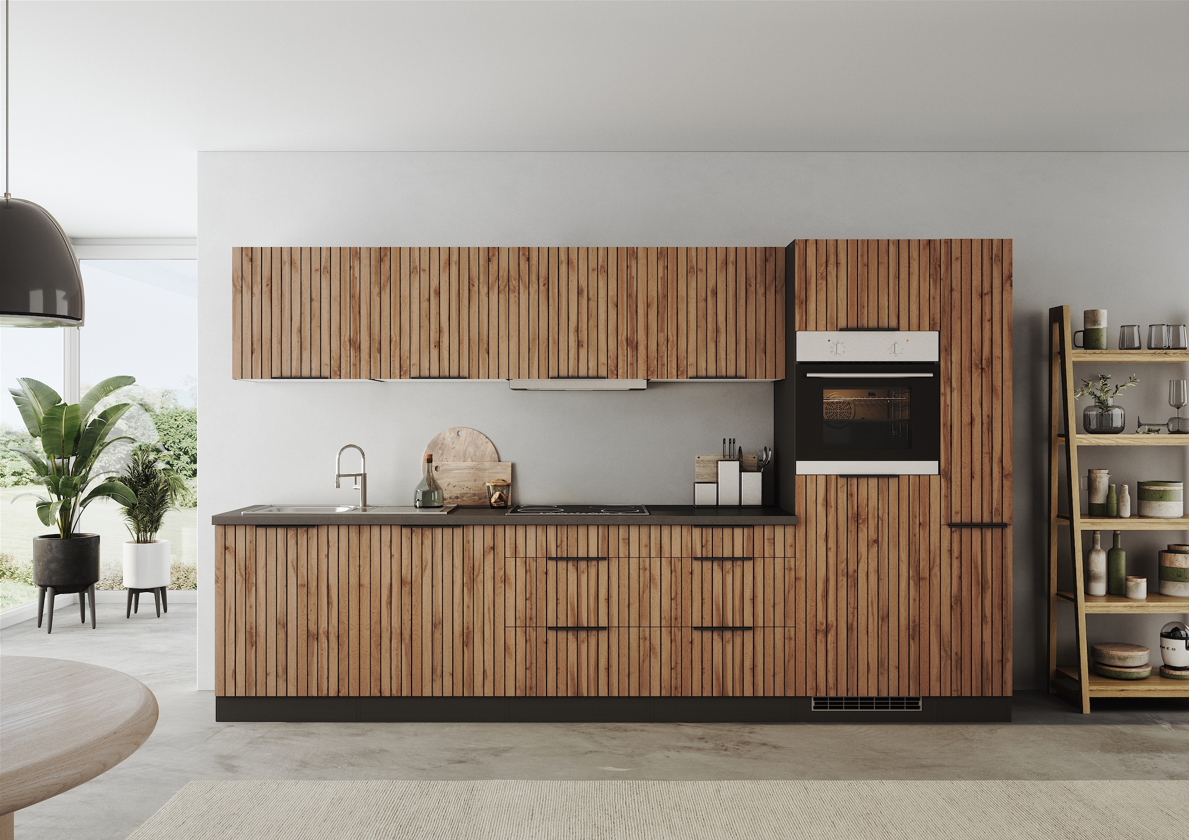KOCHSTATION Küchenzeile »KS-Lagos, wahlweise mit E-Geräten, Spüle edelstahl oder schwarz«, Breite 330cm, Ceran-oder Induktionskochfeld,mit oder ohne Kühlschrank