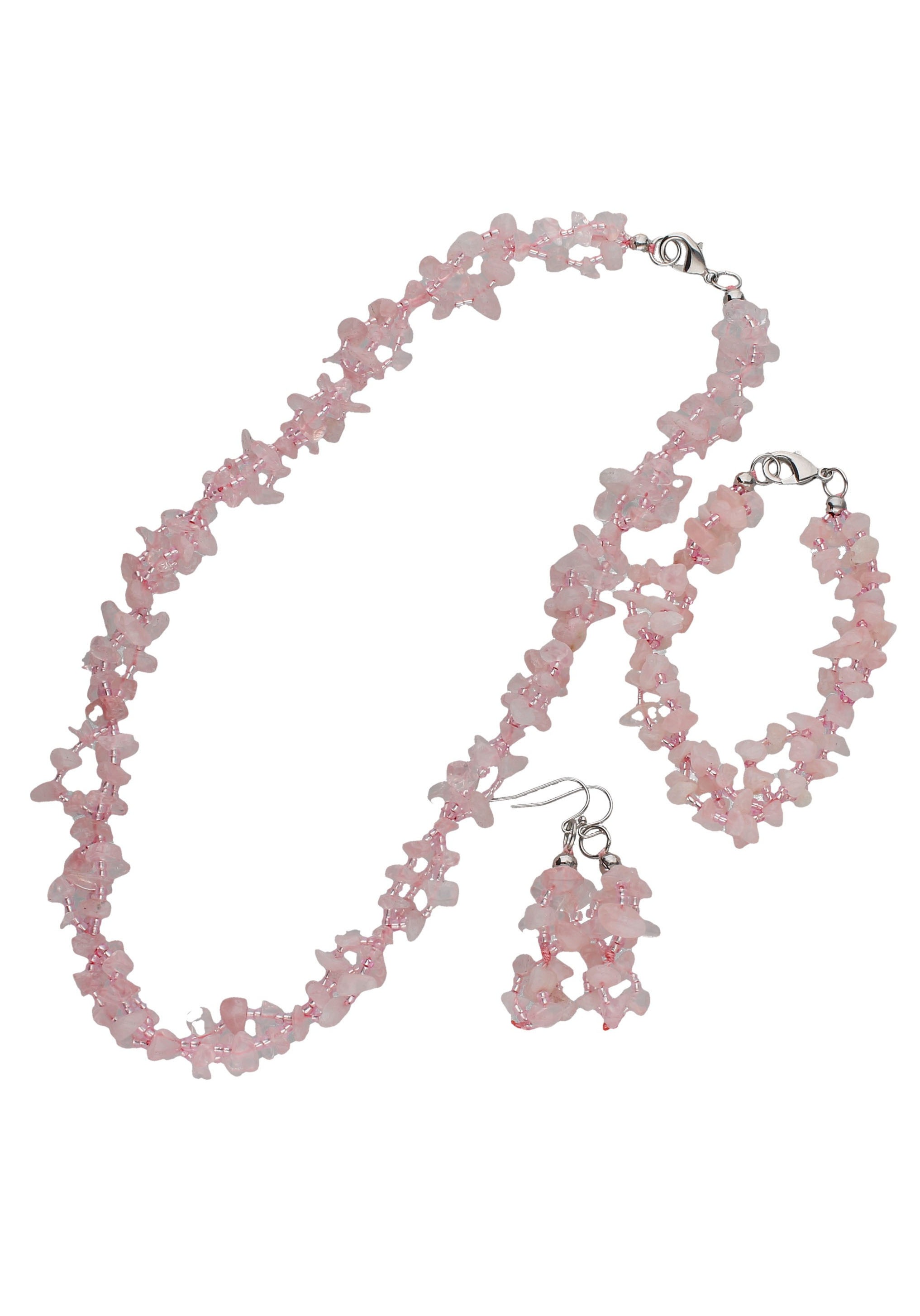 Schmuckset FIRETTI "Multipack Schmuck Geschenk Halskette Armkette Ohrhaken Edelstein", rosa (metallfarben, rosa, rosa), Schmuck_Sets, Damen, Metall, Schmuckset, mit Rosenquarz, Glasstein
