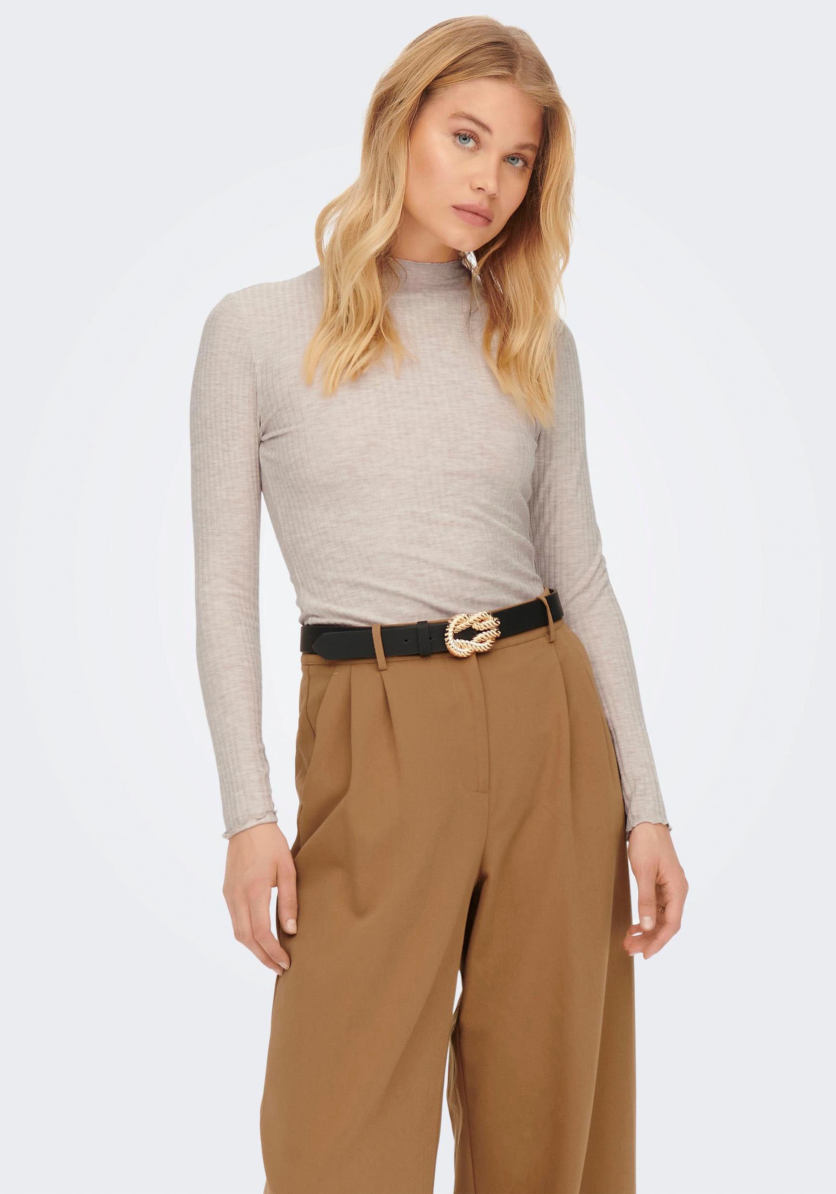 Langarmshirt ONLY "ONLEMMA L/S HIGH NECK TOP", Damen, Gr. S, grau (pumice stone), Rippware, Obermaterial: 65% Polyester, 30% Viskose, 5% Elasthan, unifarben, sehr schmal normal, hoch geschlossener Ausschnitt, gewellter Abschluss, Shirts Langarmshirt, Mate 4