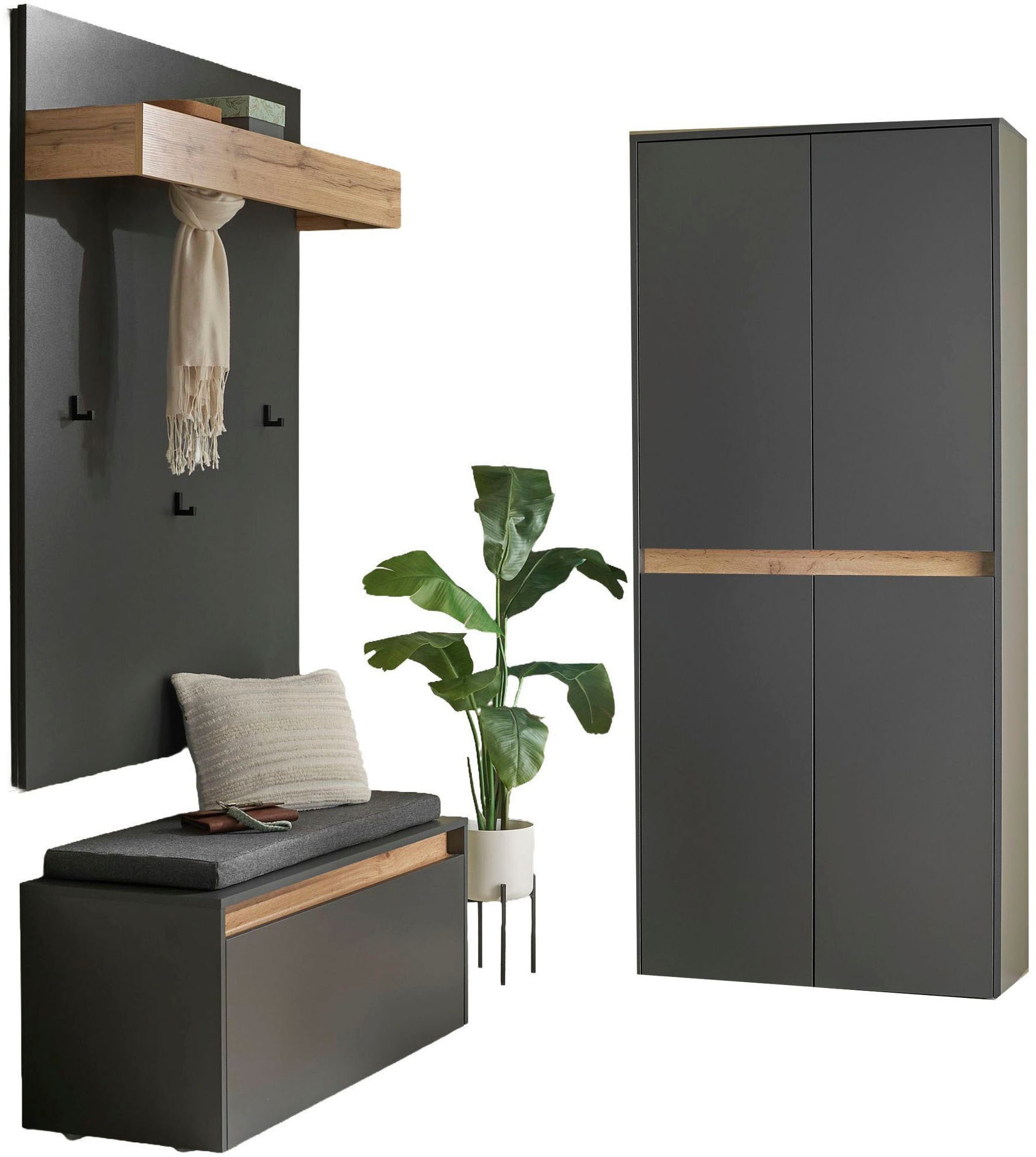 INOSIGN Garderoben-Set »City/Giron, moderne Garderobe, viel Stauraum, ca. 40 Schuhe«, (Set, 3 St.), enthält Schuhschrank, Garderobenpaneel & Garderobenbank mit Sitzkissen