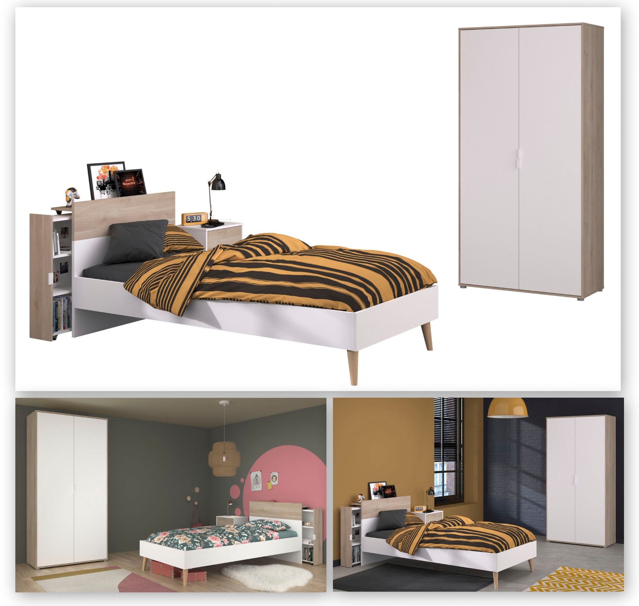Parisot Jugendzimmer-Set »Parisot Aalborg 3«, (Set, 3 tlg.), ausziehbares Anstellragl mit drei Fächern - rechts oder links anbaubar