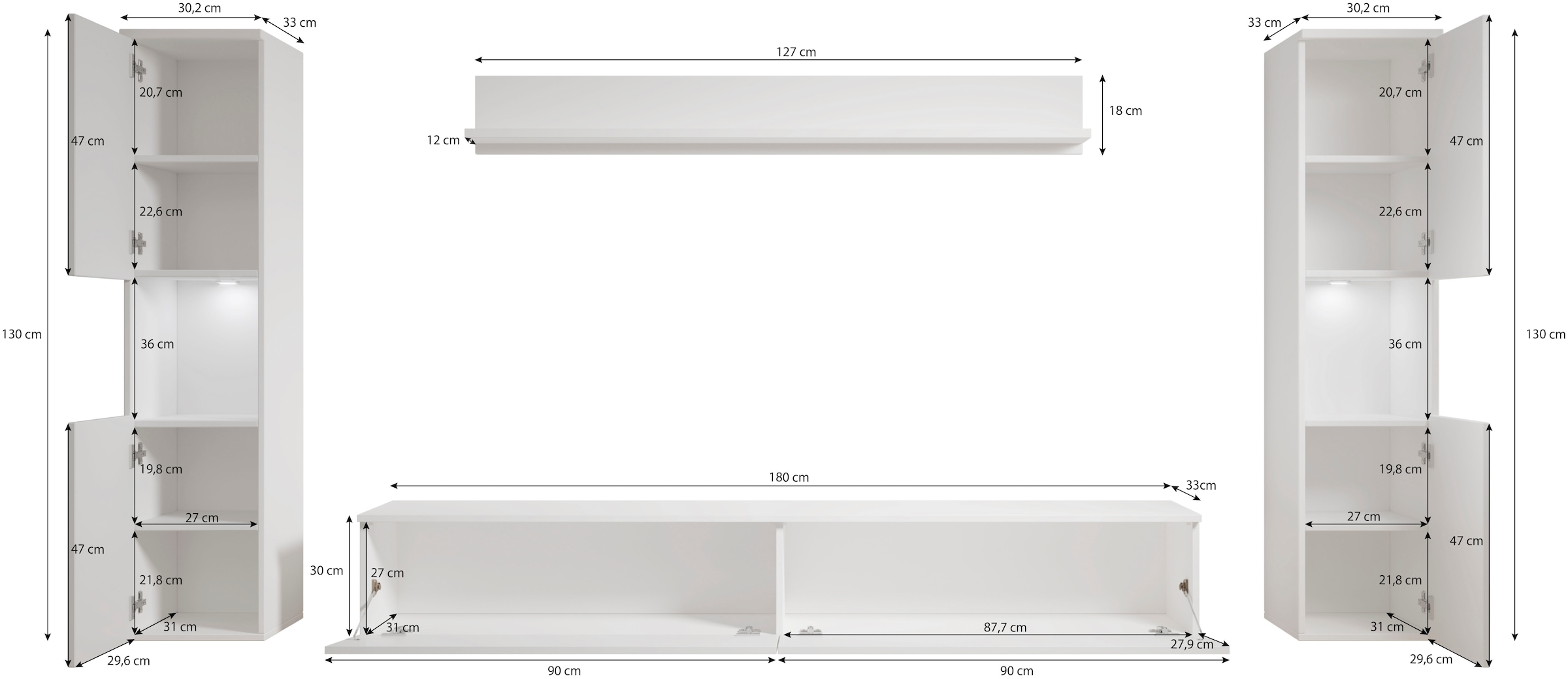 INOSIGN Wohnwand »PARIS, Vitrine Türanschlag links/rechts wechselbar«, (Komplett-Set, 4 St.), grifflose Design, stehend und hängend montierbar