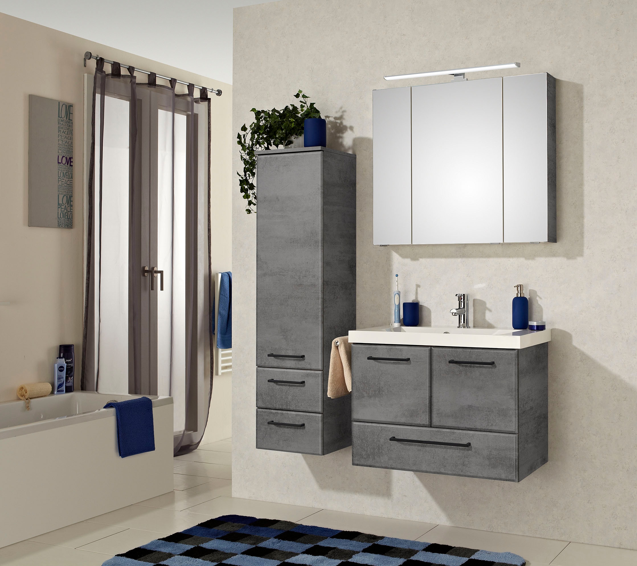 Saphir Badmöbel-Set »Quickset 945 2-teilig, Mineralmarmor-Waschtisch und LED-Spiegelschrank«, (2 St.), Waschplatz 80 cm breit, 5 Türen, 1 Schublade, inkl Türdämpfer, Bad-Set