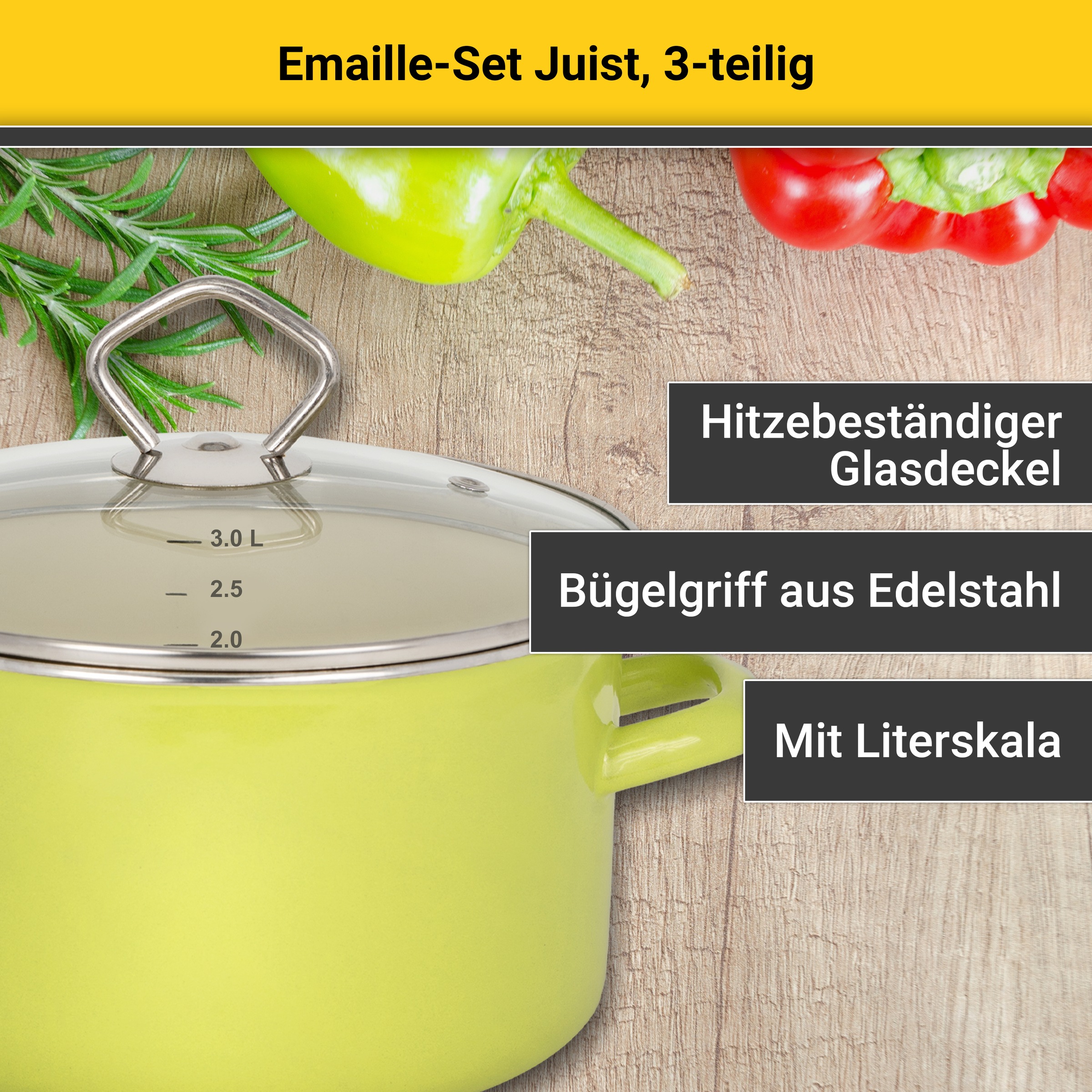 Thumbnail - Krüger Topf-Set "Emaille Topfset Juist" Set, Fleischtopf Ø 16 + Ø 20 cm mit Deckel, Stieltopf Ø 16 cm, 5 Stk. tlg. Email...