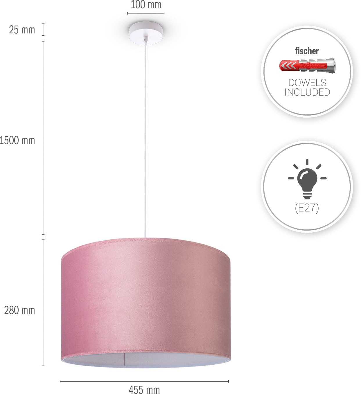Lampenschirm Home Velour Kabel | Pendelleuchte Paco »Hugo E27 BAUR Unifarben aus 1,5m Wohnzimmer uni Color«, Deko