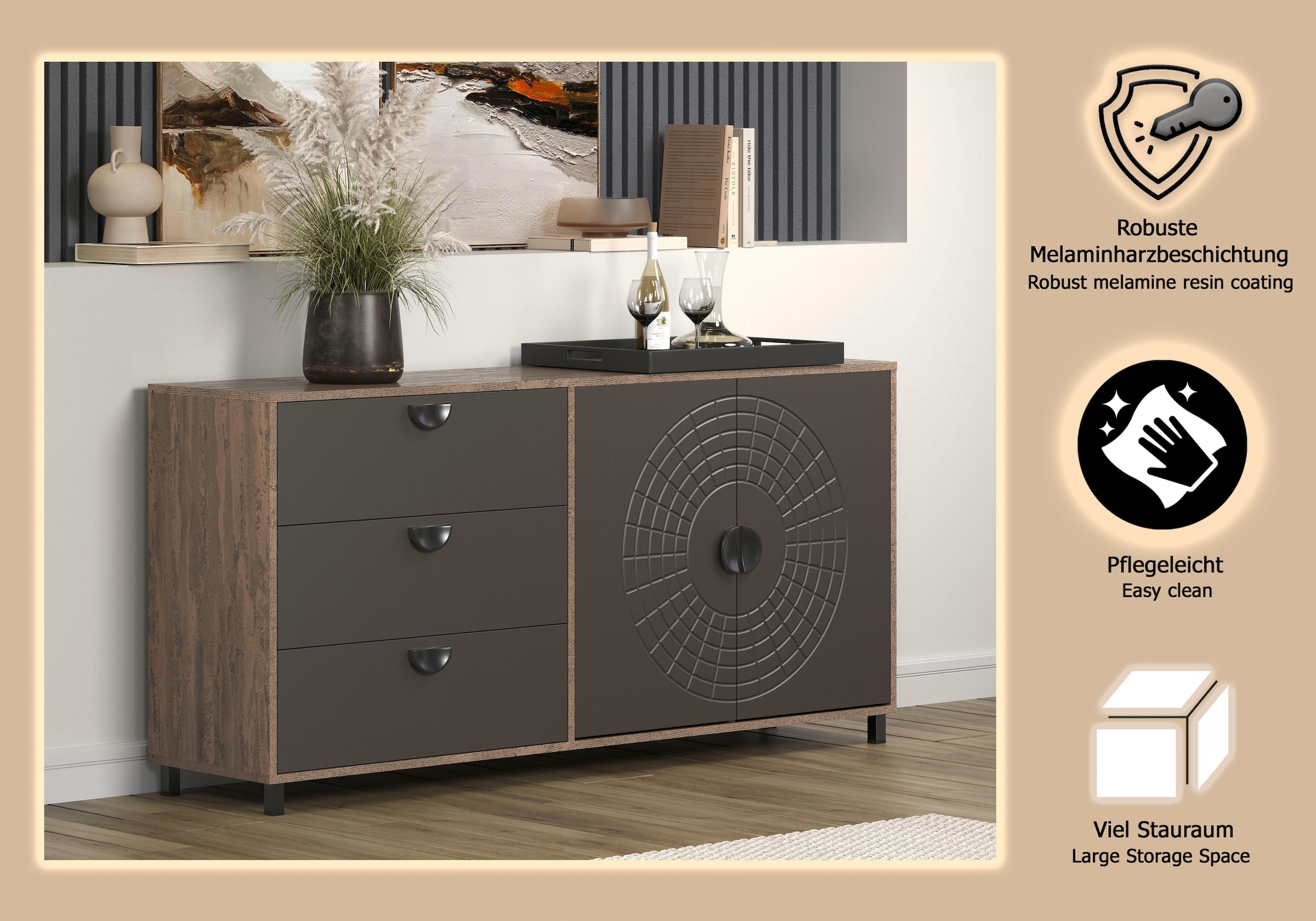 Home affaire Sideboard »Fusion« 1 Stk. tlg. Kommode mit markantem Kreismuster - Antikoptik - (B/T/H) 176/42/86 cm