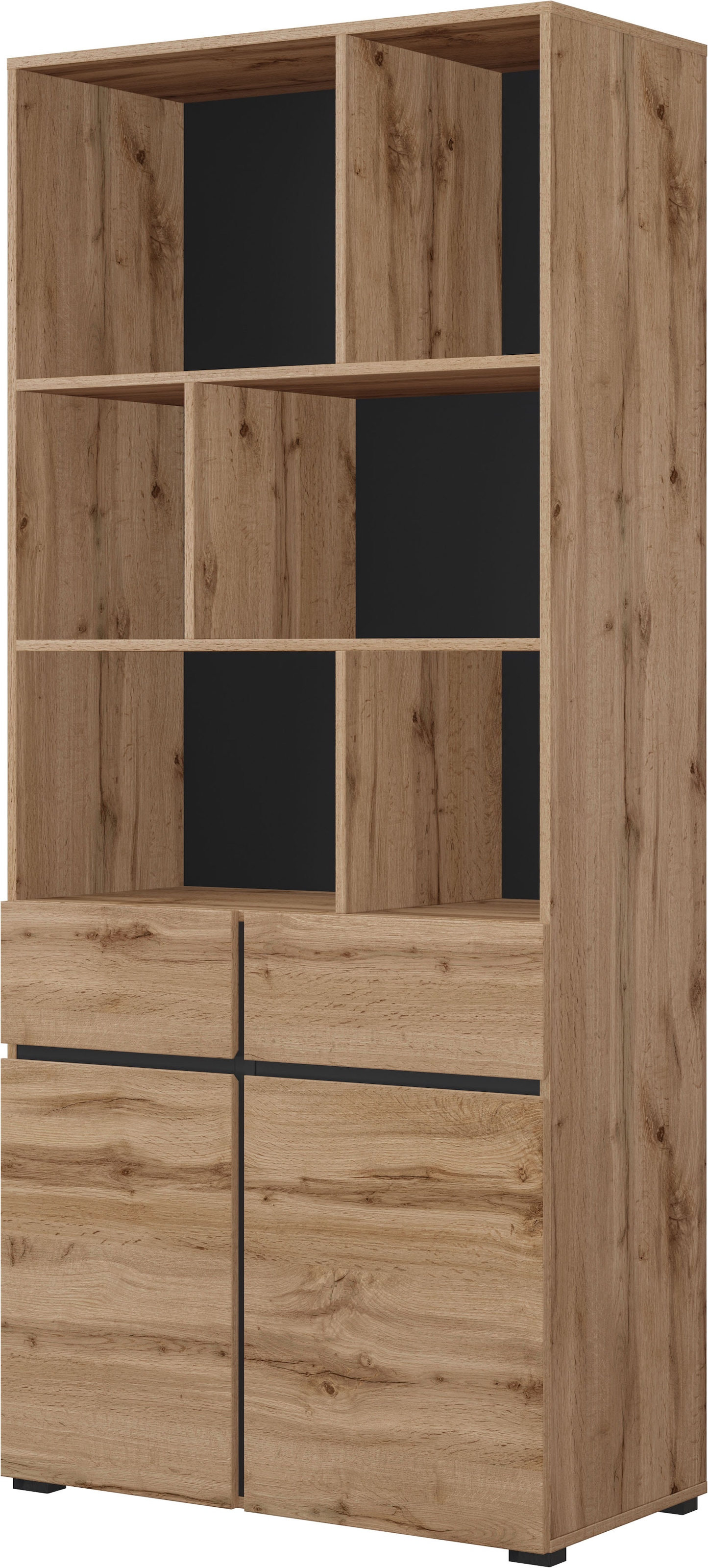 OTTO home Aktenschrank "Cross, Breite 85 cm, modernem grifflose Standregal, Bücherregal" Standregal mit 6 offene Fächern, 2 Schubladen und 2 Türen, Büroregal