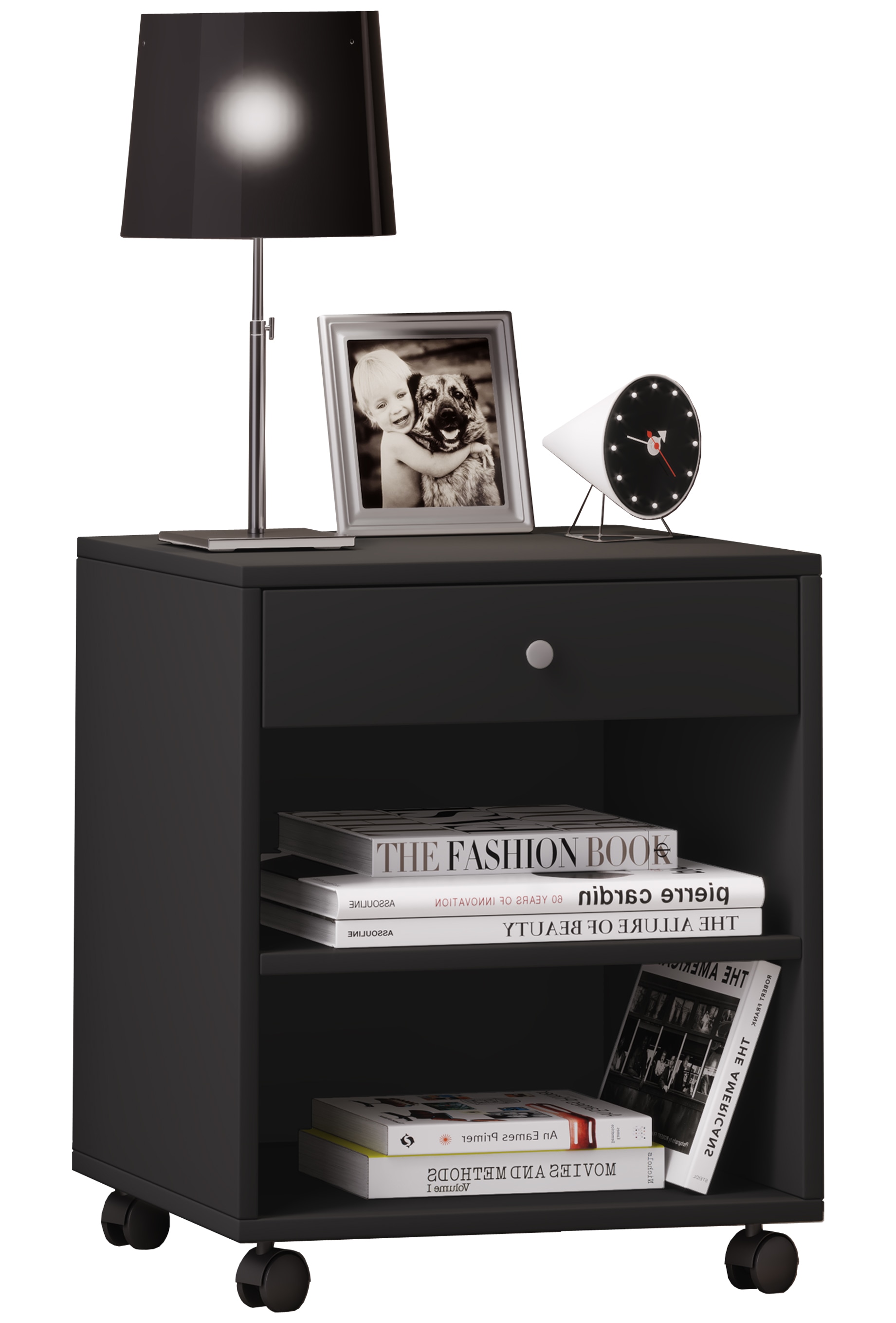 Nachttisch VCM, B:45cm T:38cm, schwarz, Schlafzimmer, Tische, "Holz Nachttisch Schrank Rolda Schublade Rollen"