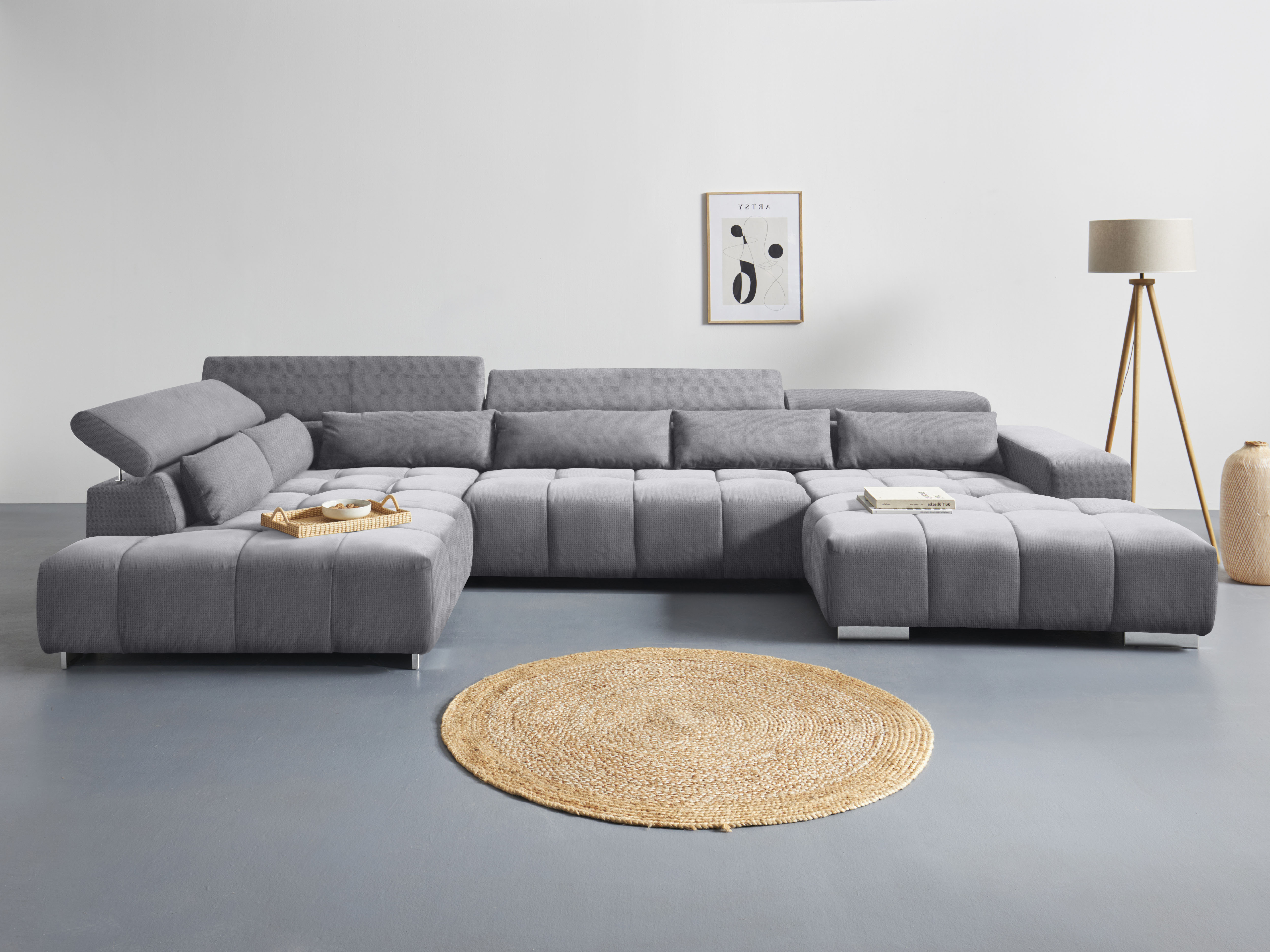 COTTA Wohnlandschaft "Orion U-Form XXL, B: 409 cm, bequeme Wellenunterfederung, top modern" mit Kopfteilverstellung & 6 Nierenkissen