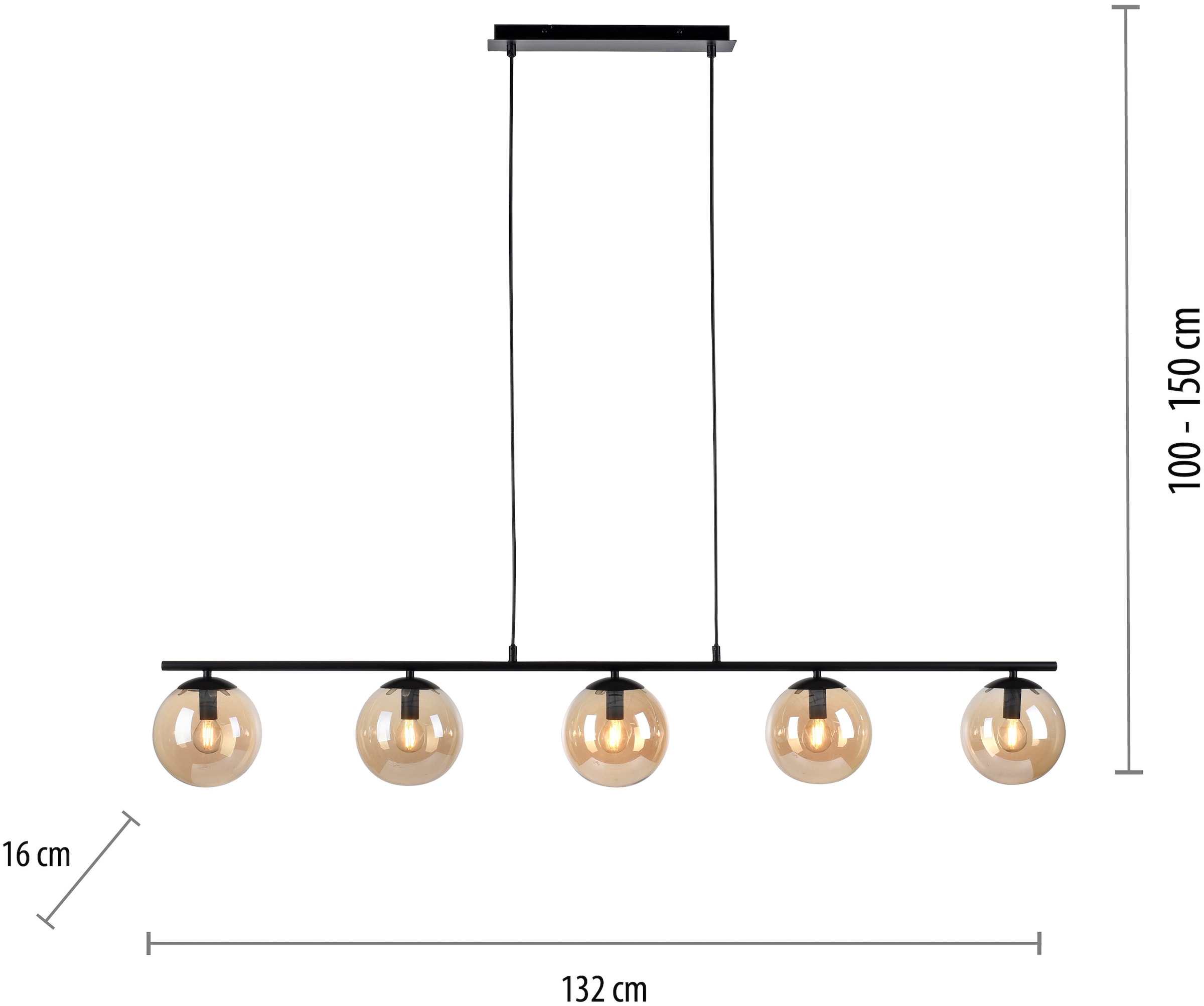 andas Pendelleuchte »Nymölla«, 5 flammig-flammig, Hängelampe mit großen amber farbigem Glas, schwarz Esszimmerlampe