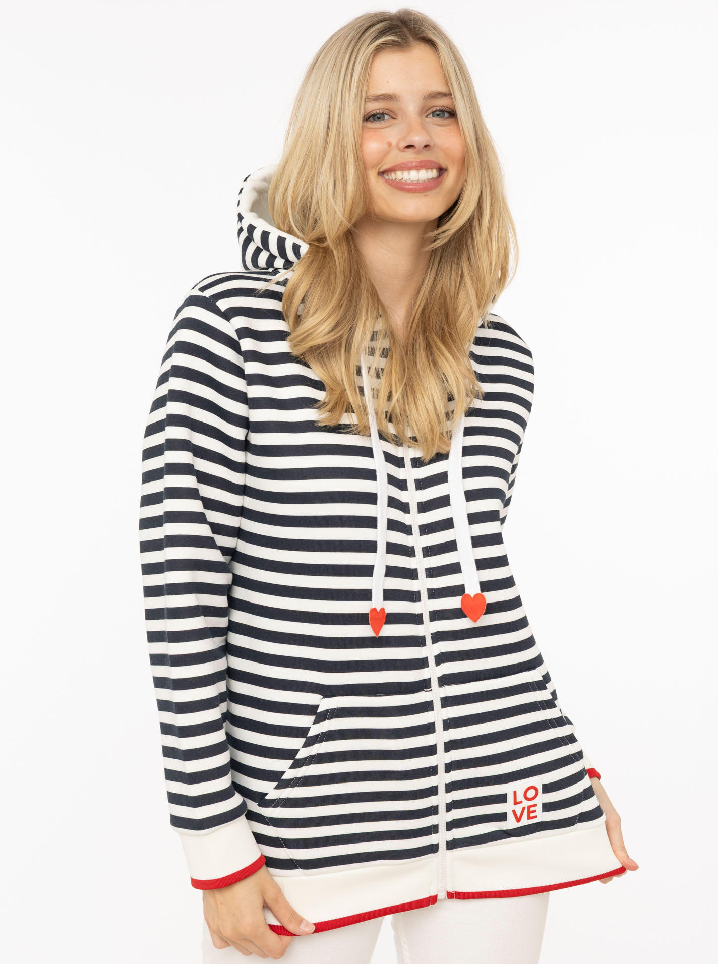 Zwillingsherz Kapuzensweatjacke ""Maritim"" gestreift, Kapuze mit Kordel und Herzen, Taschen, Zipper