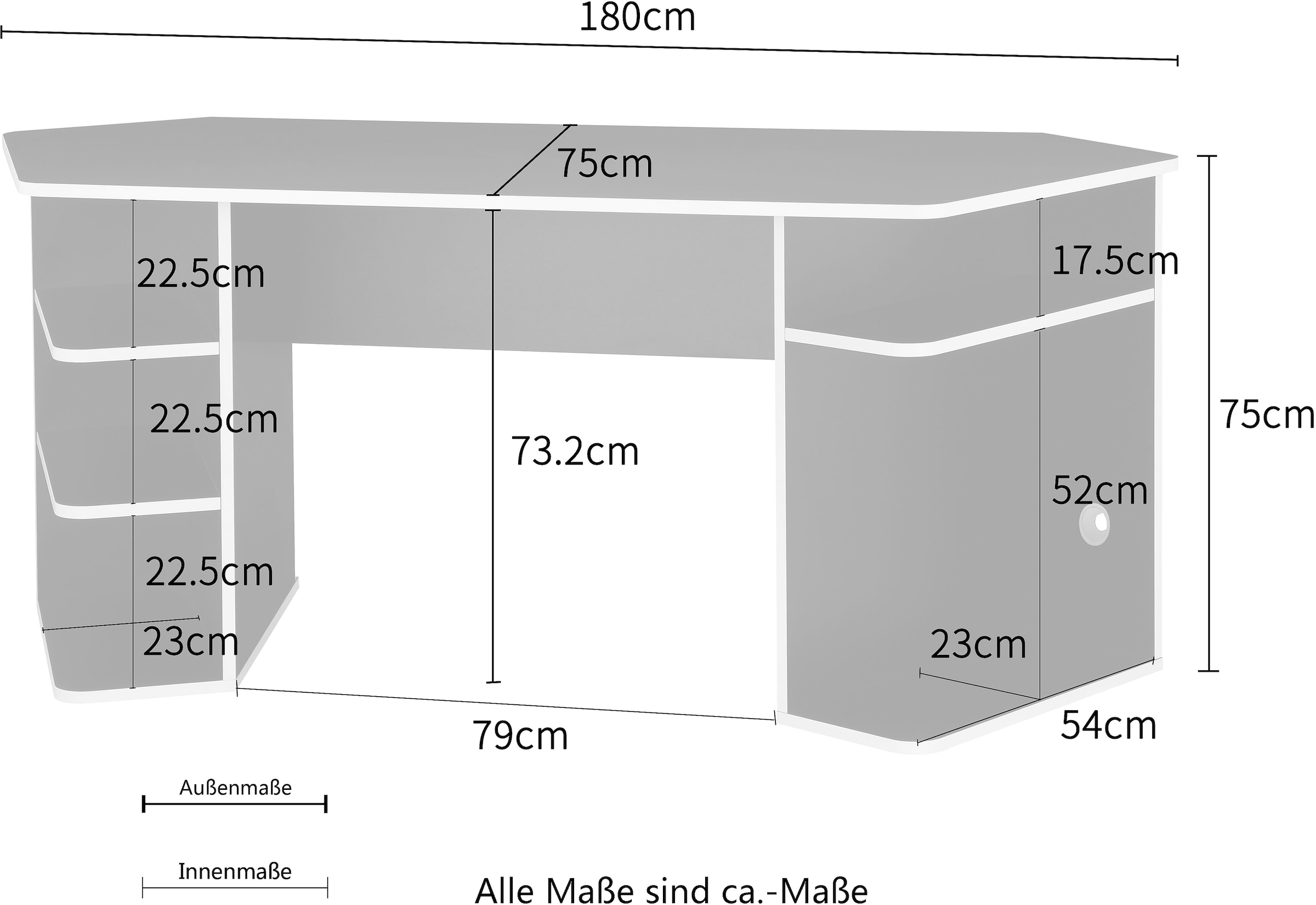 INOSIGN Gamingtisch »Game, Computertisch, Eckschreibtisch«, Towerfach, Kabeldurchlass, asymetrisches Design, Breite 180 cm