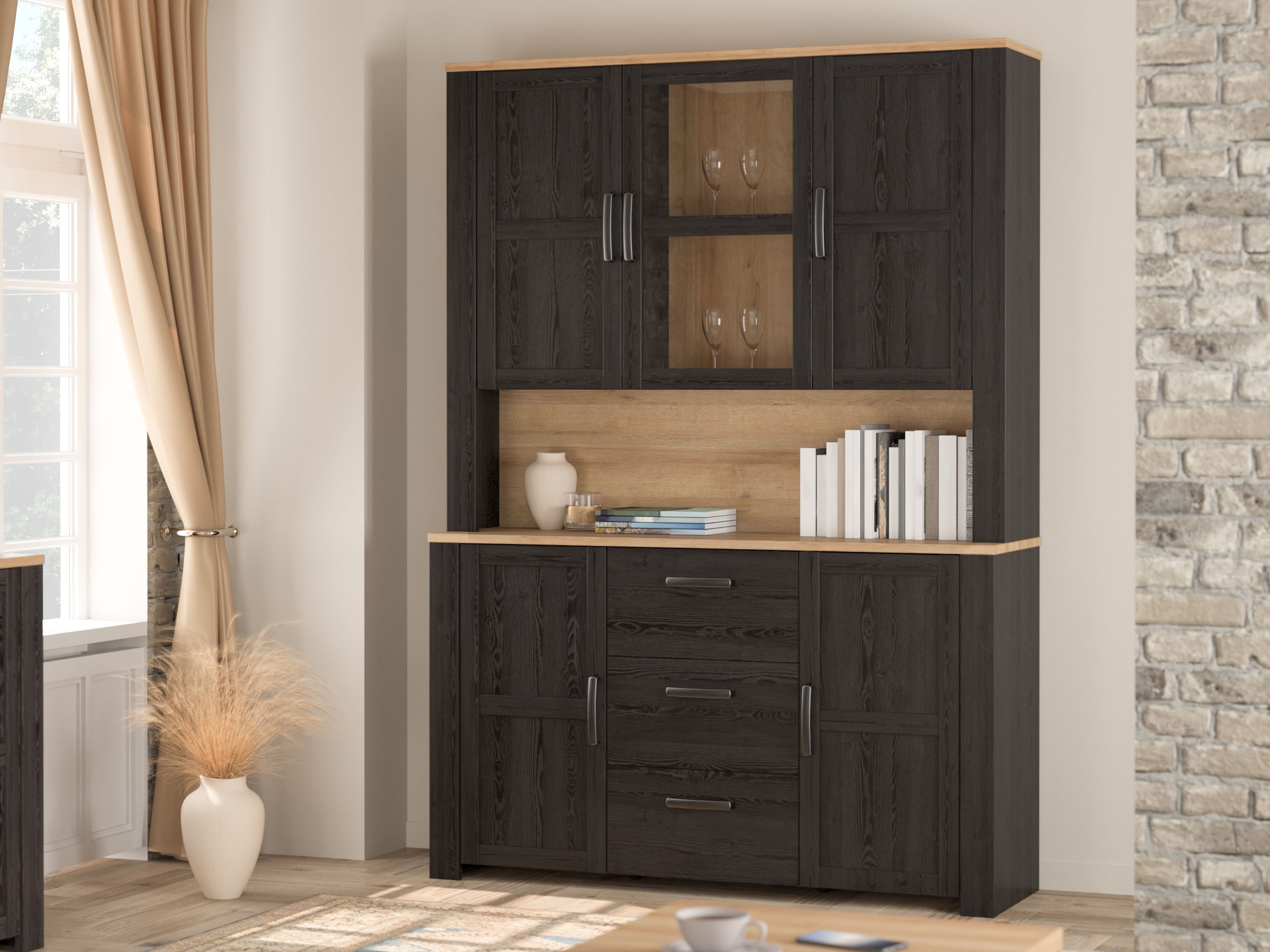 FORTE Buffet »Bohol, großes Highboard,4Türen, 1 Glastüre, 3 Schubkästen« B/H/T 146,1/205,4/42 cm, sehr viel Stauraum