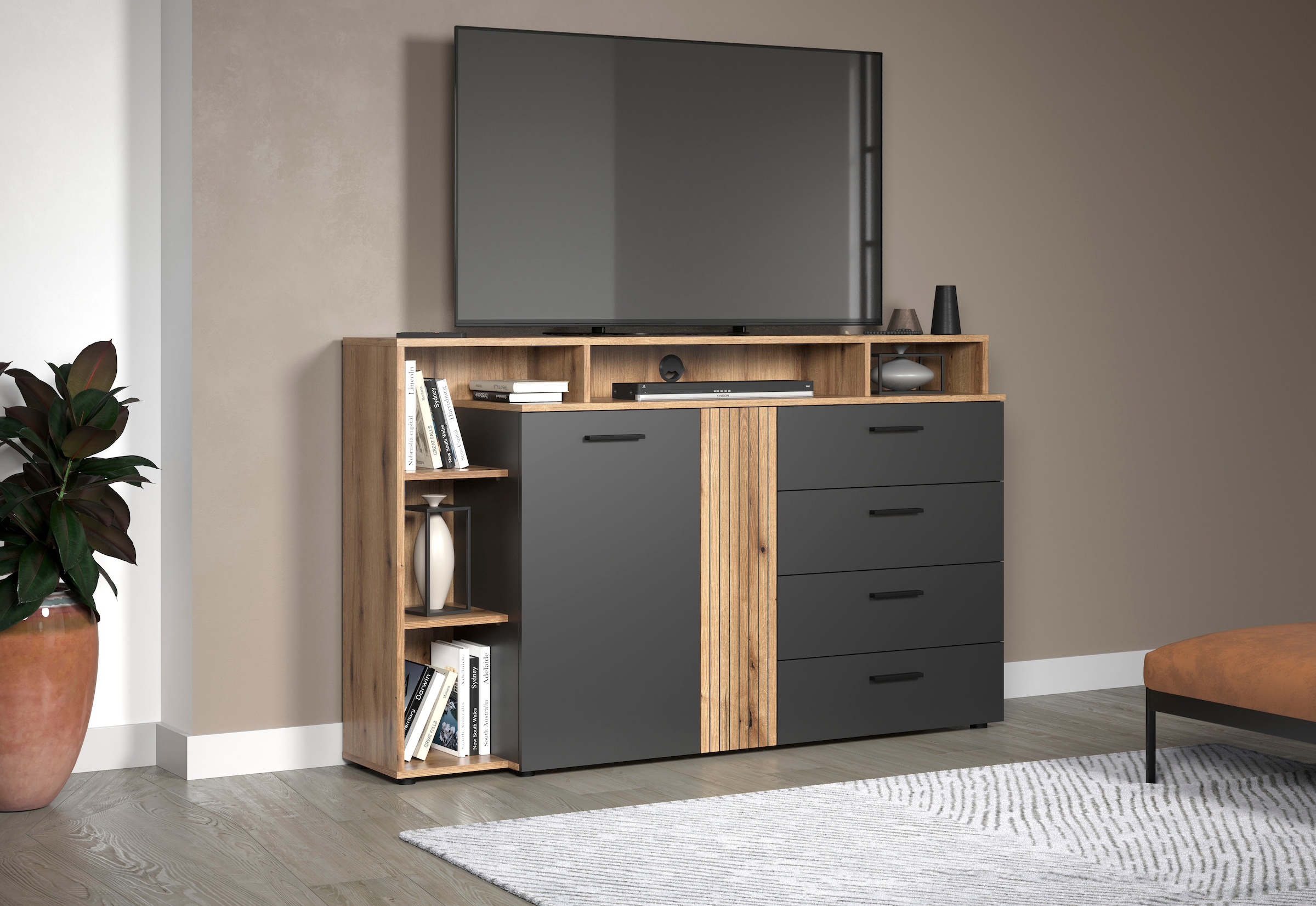 INOSIGN Lowboard »Estepona« 1 Stk. tlg. TV Kommode mit 2 Türen & 4 Schubladen Vollauszug (B/T/H) 168/38/101 cm