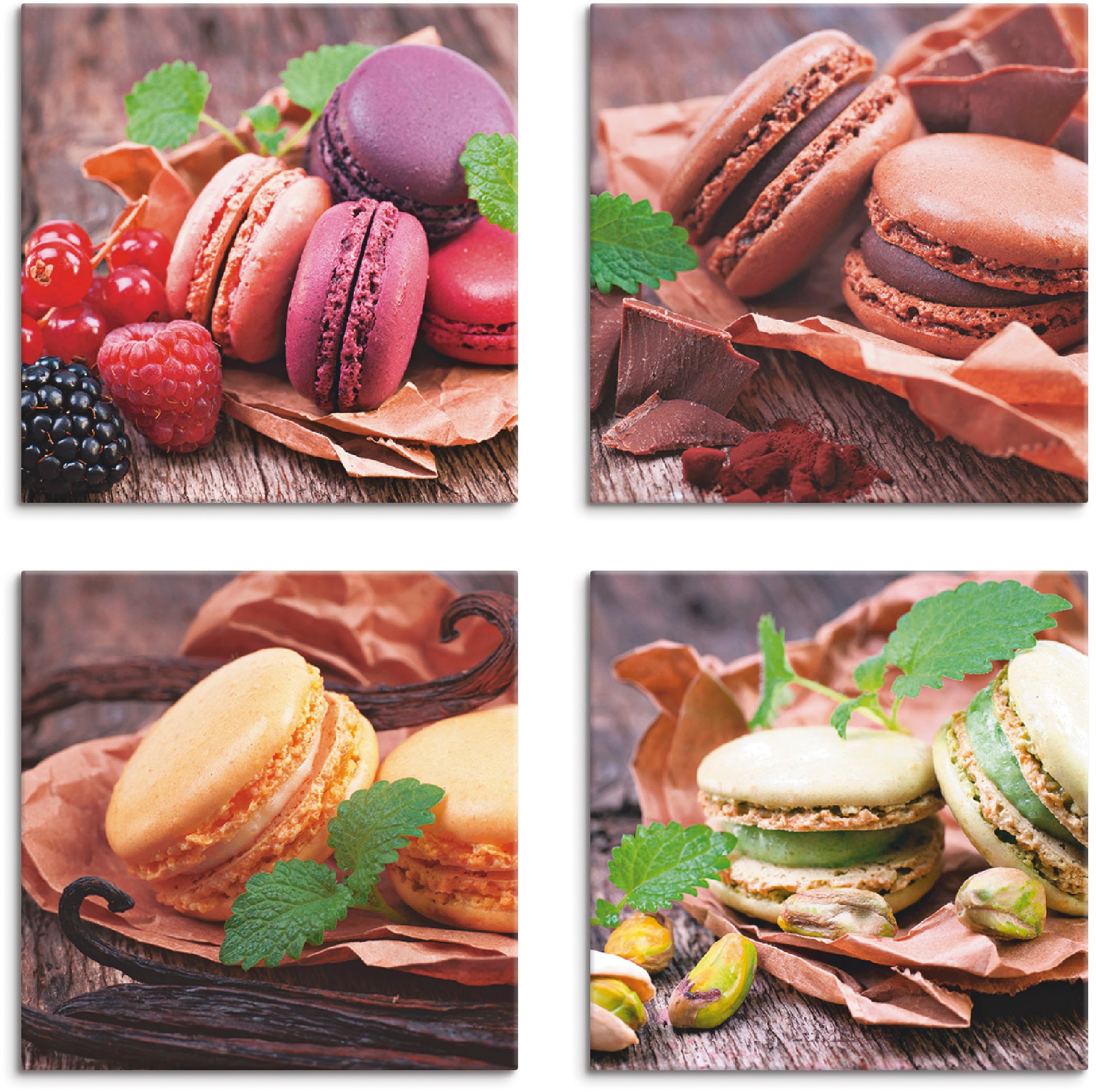 Artland Leinwandbild "Macarons", Süßspeisen, (4 St.), 4er Set, verschiedene Größen