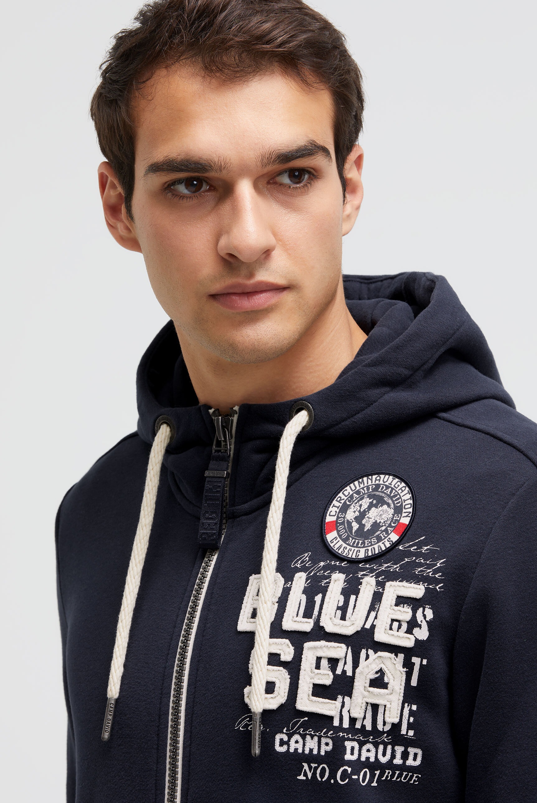 Kapuzensweatjacke CAMP DAVID, Herren, Gr. S, blau, Material: 65% Baumwolle, 35% Polyester, bedruckt, bestickt, regular fit normal, hoch geschlossener Ausschnitt, eingesetzt Rippbündchen, Sweatjacken, mit Baumwolle 3