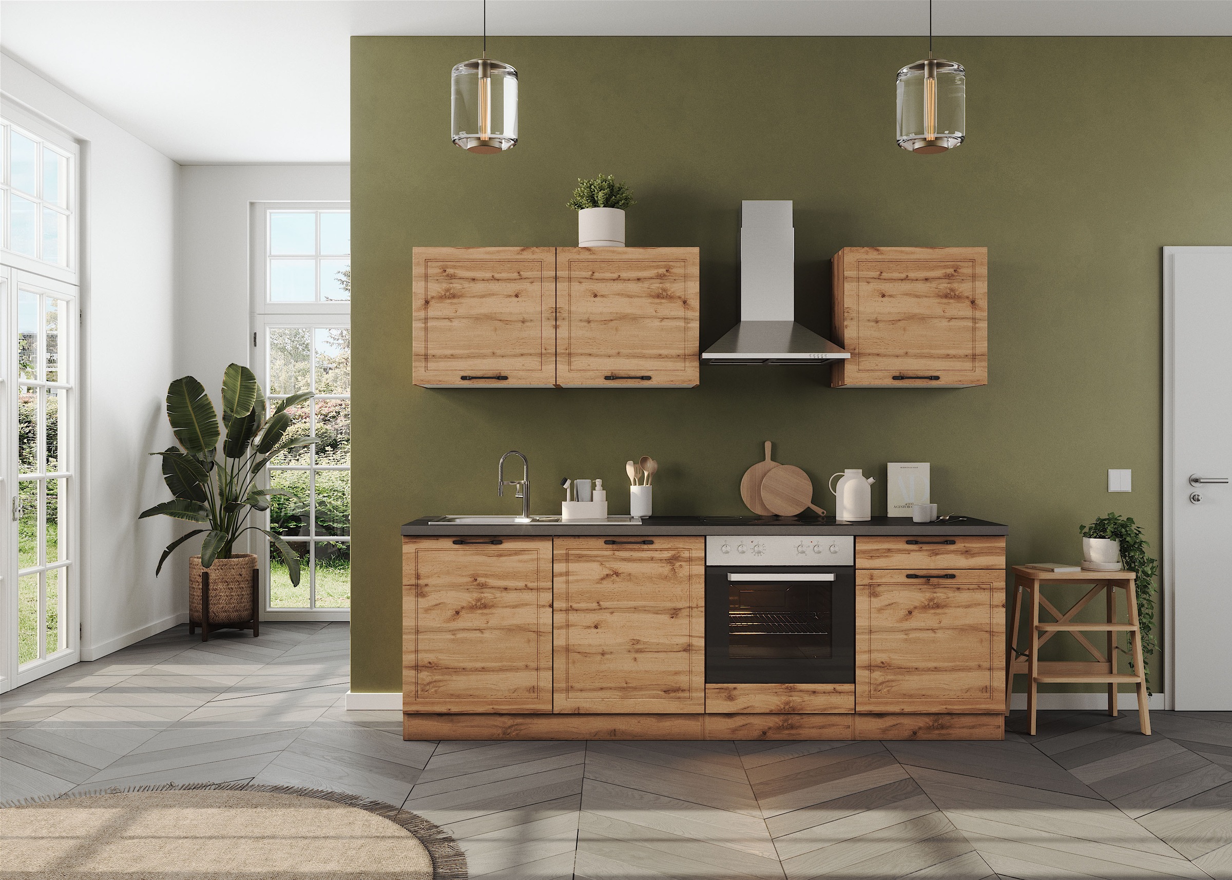 KOCHSTATION Küchenzeile »KS-Lani, mit MDF-Fronten«, Breite 240 cm, wahlweise mit E-Geräten, Höhen-Ausgleichsfüße 0-4 cm