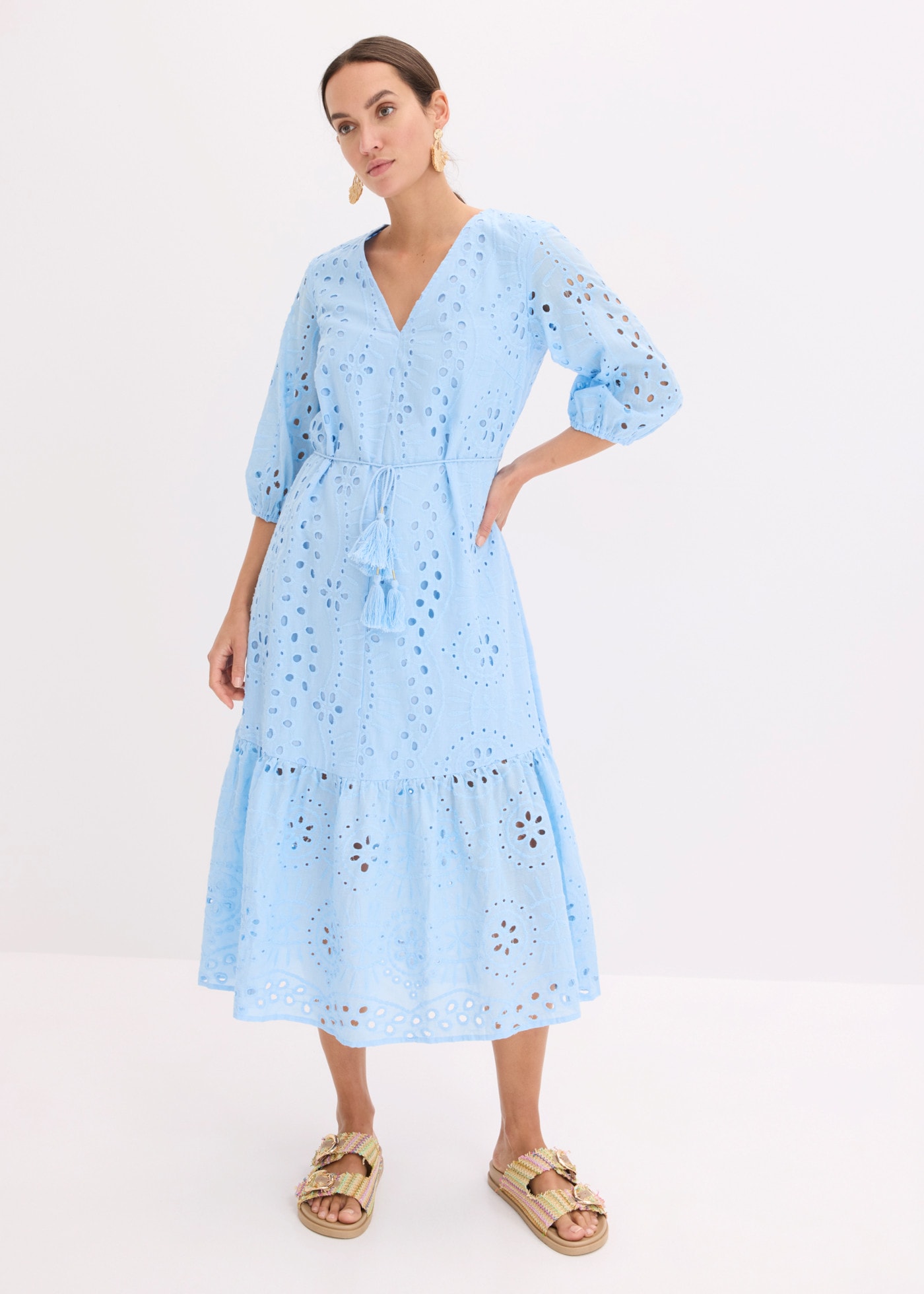 bonprix Midikleid mit V-Ausschnitt, ausgestellte Passform, aus Baumwolle