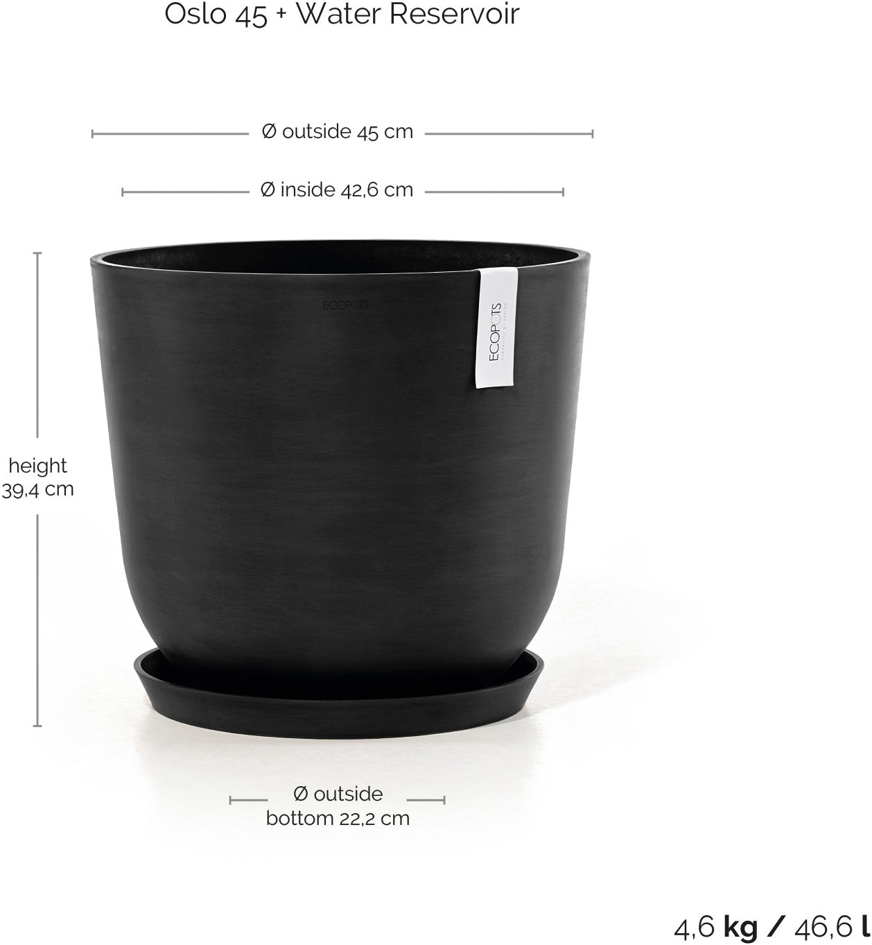 ECOPOTS Blumentopf »Oslo 45 + Wassersystem Dunkelgrau« für innen und außen: frostsicher, bruchsicher und lichtbeständig