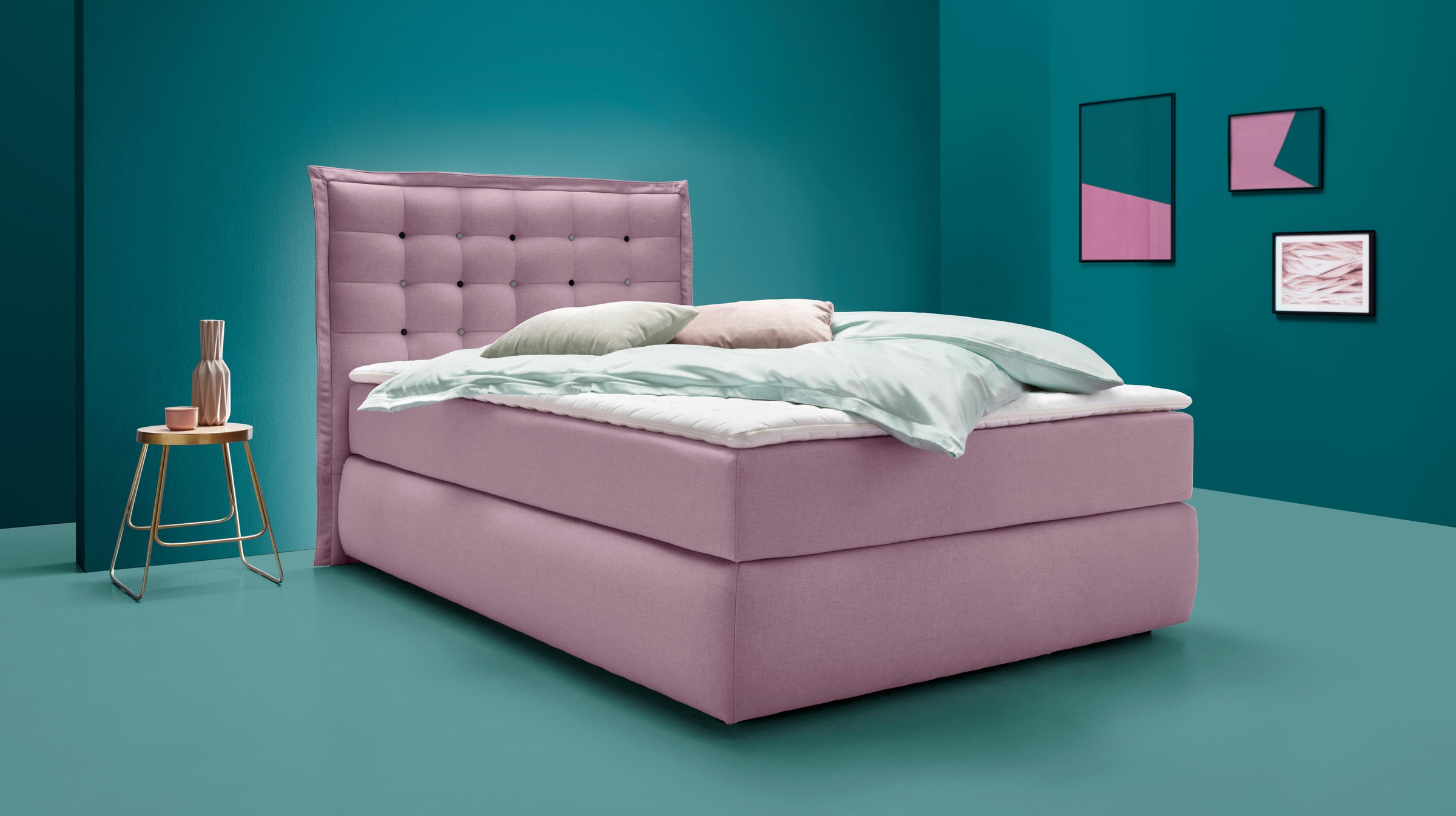INOSIGN Boxspringbett »Sagres«, Kopfteil mit 2farbiger Flatterbiese und zweifarbigen Knöpfen