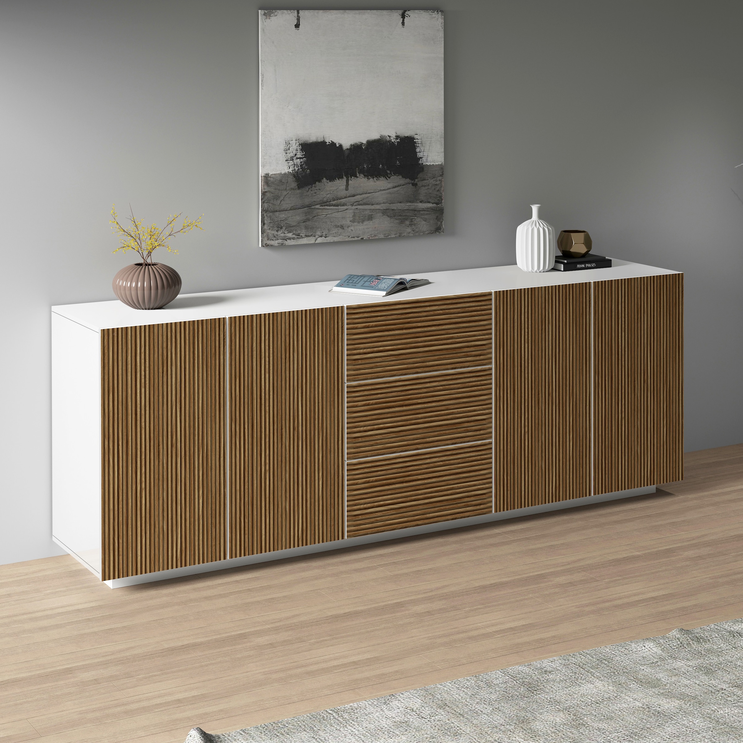 INOSIGN Sideboard »Vega Sideboard,Kommode,220 cm«, mit 4 Türen und 3 Schubladen,Fronten mit Rillen-Optik
