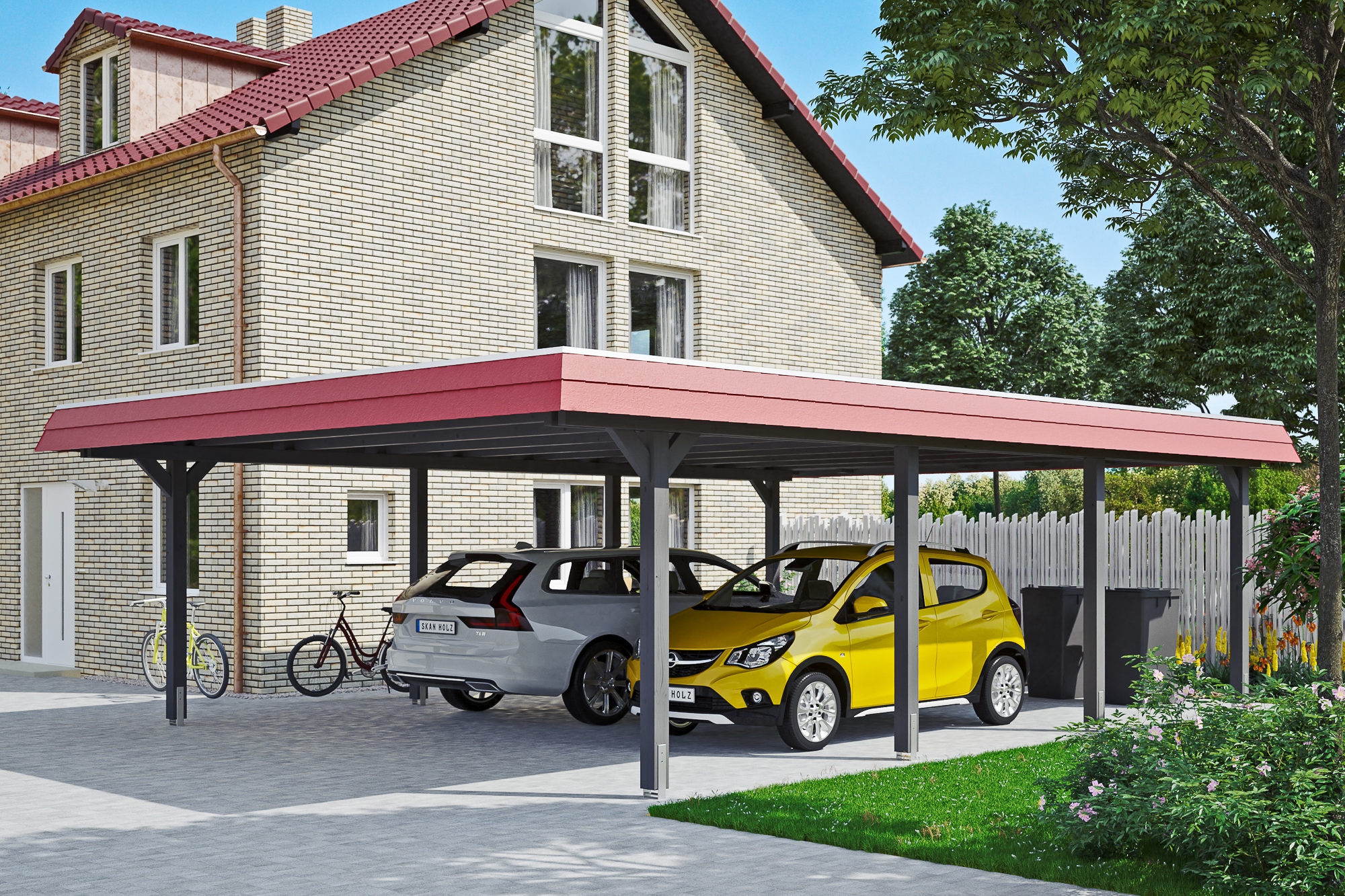 Skanholz Doppelcarport »Wendland«, Leimholz-Fichte, 550 cm, Schiefergrau, mit EPDM-Dach, rote Blende