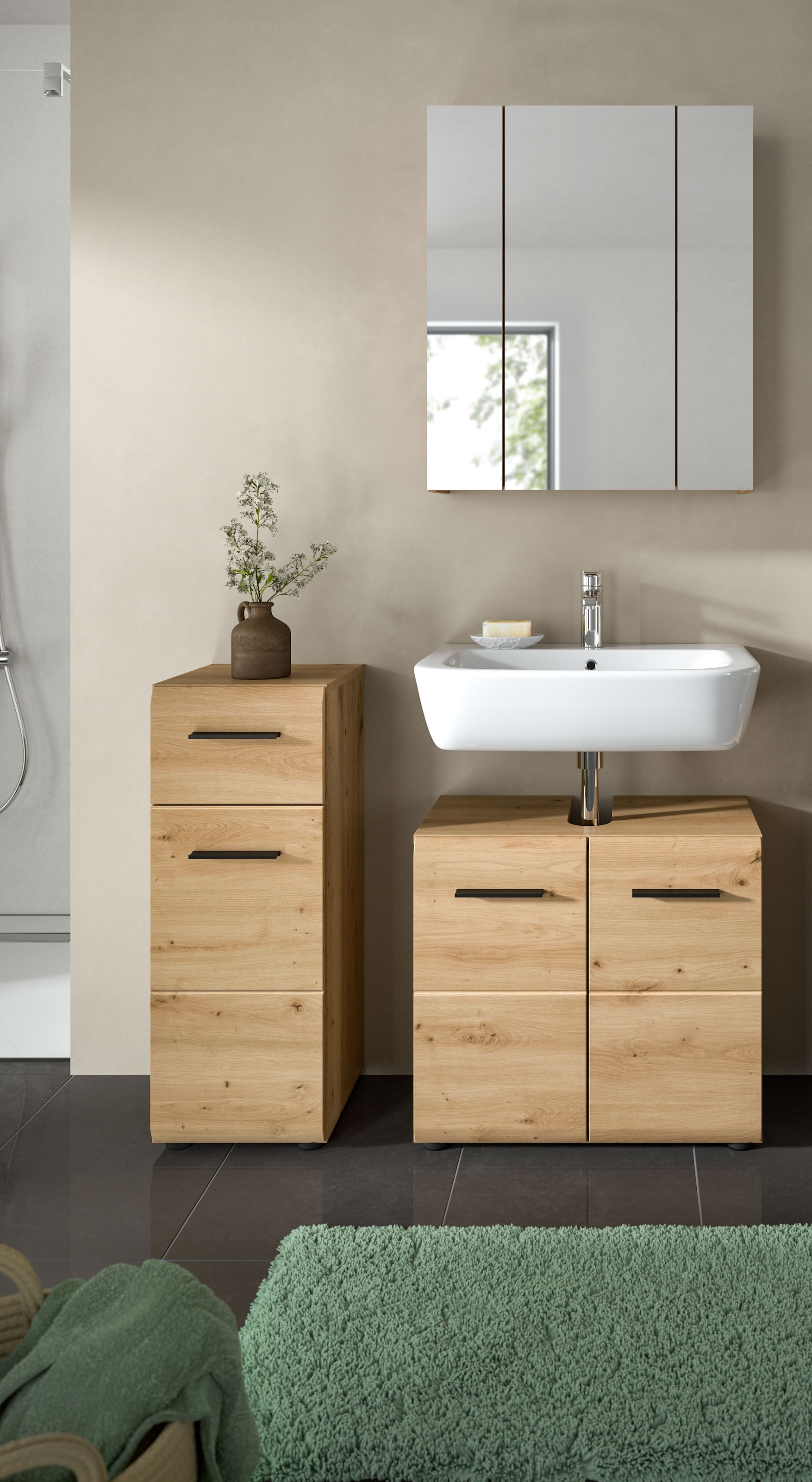 INOSIGN Badmöbel-Set »FLORENZ, TOPSELLER!, 3-teilige Badkombination, hochwertige MDF-Front«, (Set, 3 St., best. aus: 1 Unterschrank, 1 Waschbeckenunterschrank, 1 Spiegelschrank), Florenz, Badkombination 3-tlg. Artisan Oak NB, WBU, Spiegelschrank