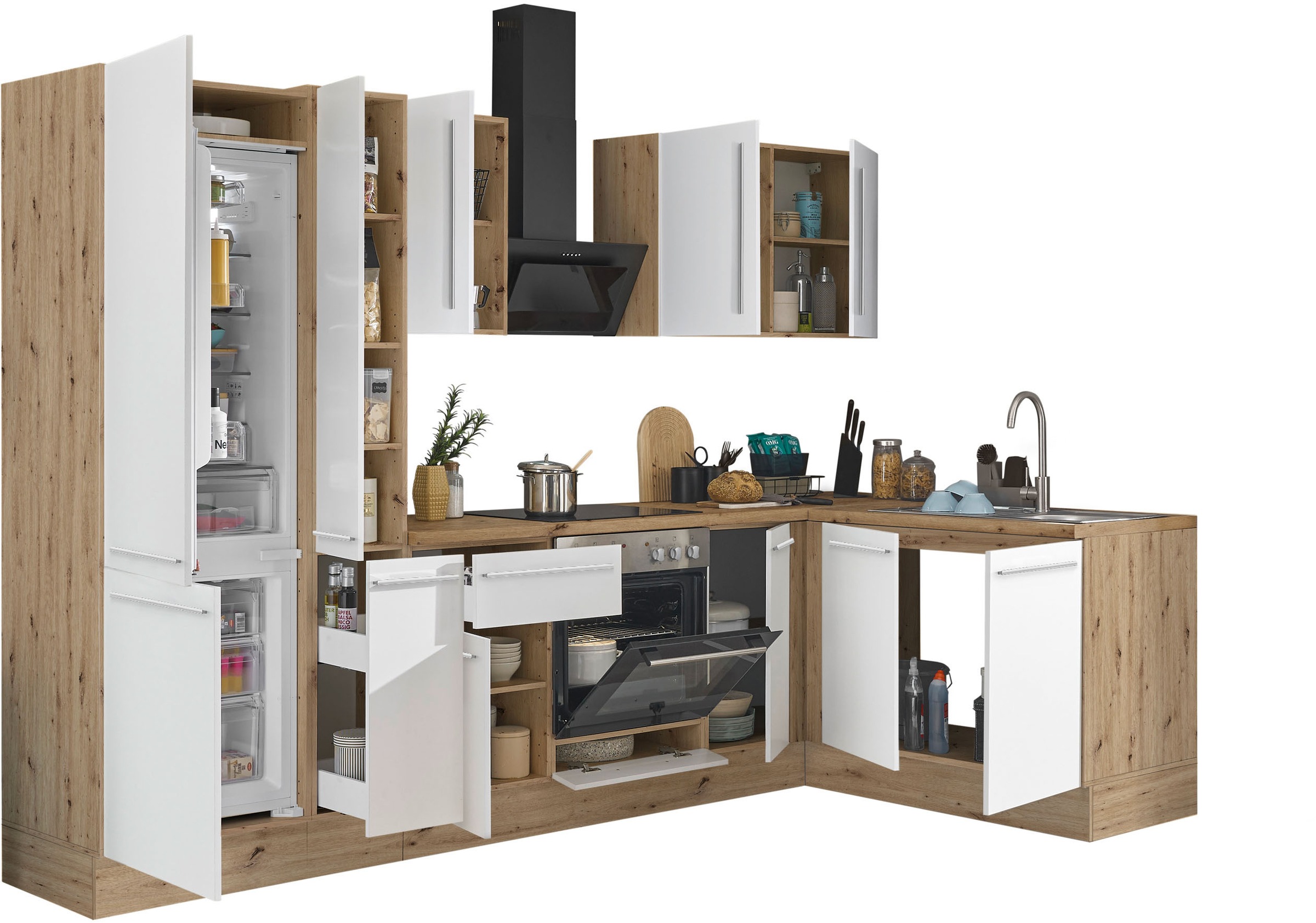 KOCHSTATION Winkelküche »Florida, Stellbreite 300x165 cm«, wahlweise mit E-Geräten, mit Softclose für Türen und Schubkästen
