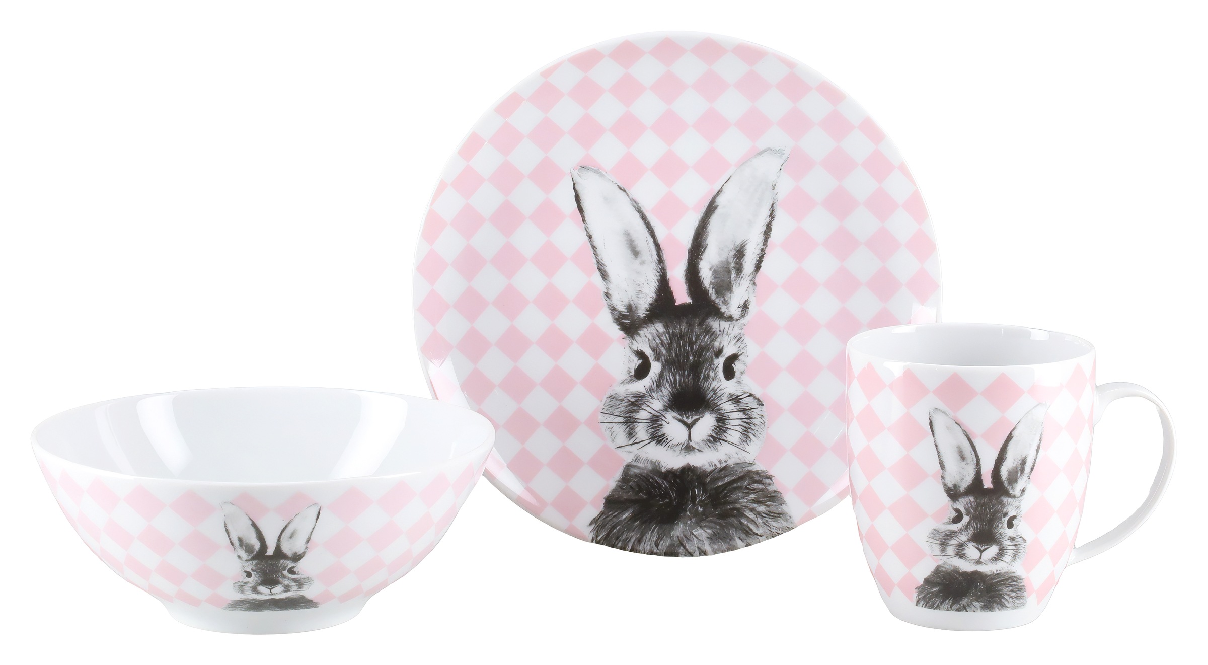 CreaTable Geschirr-Set "Happy Bunny, Set 3-tlg., mit Hasenmotiv, ideal für Ostern" Osterdesign, fröhliche & frühlingshafte Farben