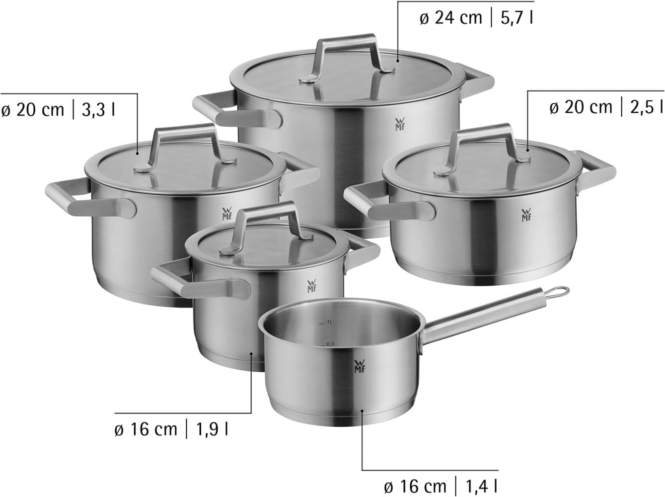 WMF Topf-Set »Comfort Line Induktion, Kochtopf Set mit Glasdeckel, mattiert« 3x Fleischtopf Ø /16/20/24cm, 1 Bratentopf Ø 20cm, 1 Kasserolle Ø16 cm,  Cromargan® Edelstahl Rostfrei 18/10