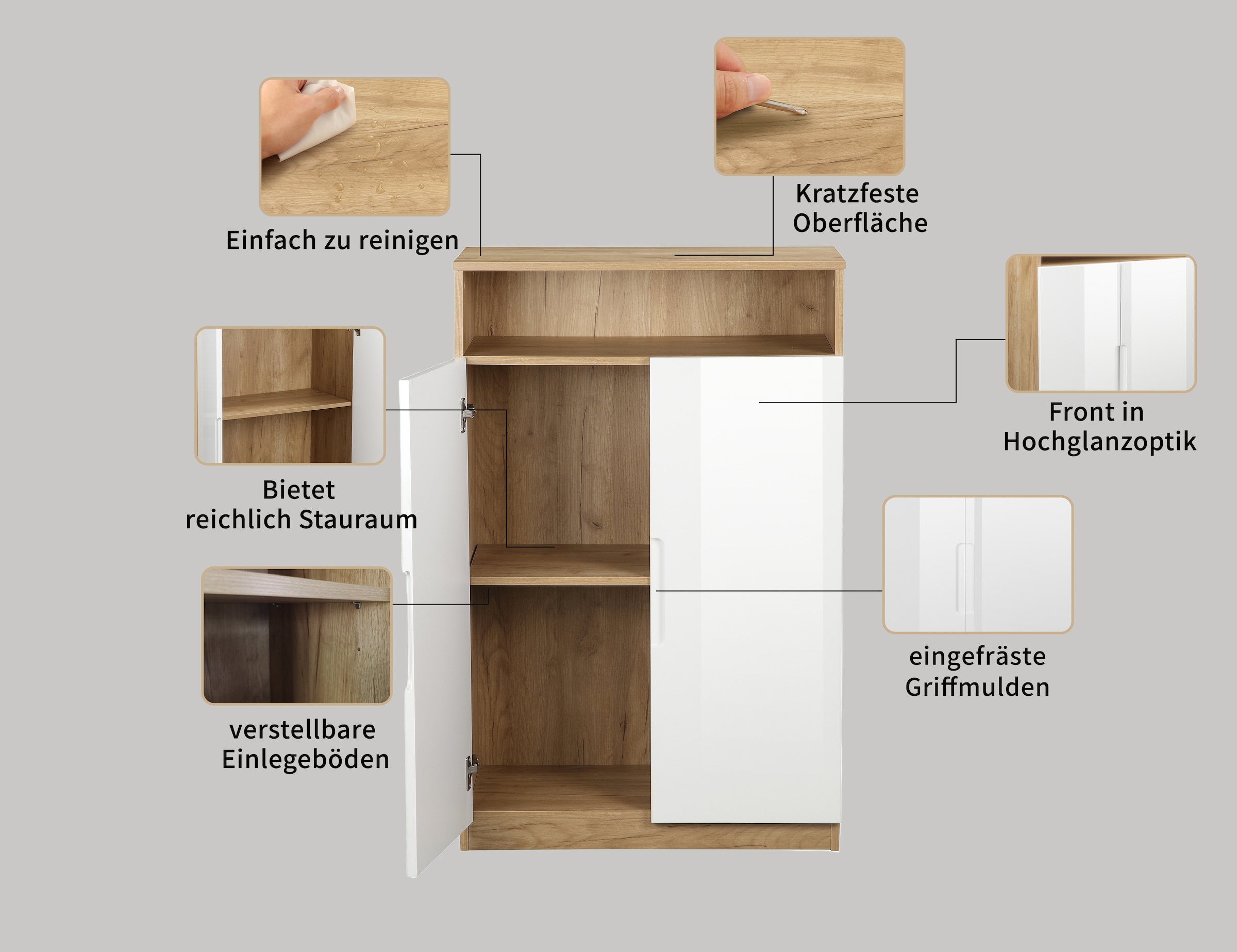 andas Aktenschrank »Lund«, mit Griffmulden & Hochglanzfronten, Aktenordnerhöhe, Breite 70 cm