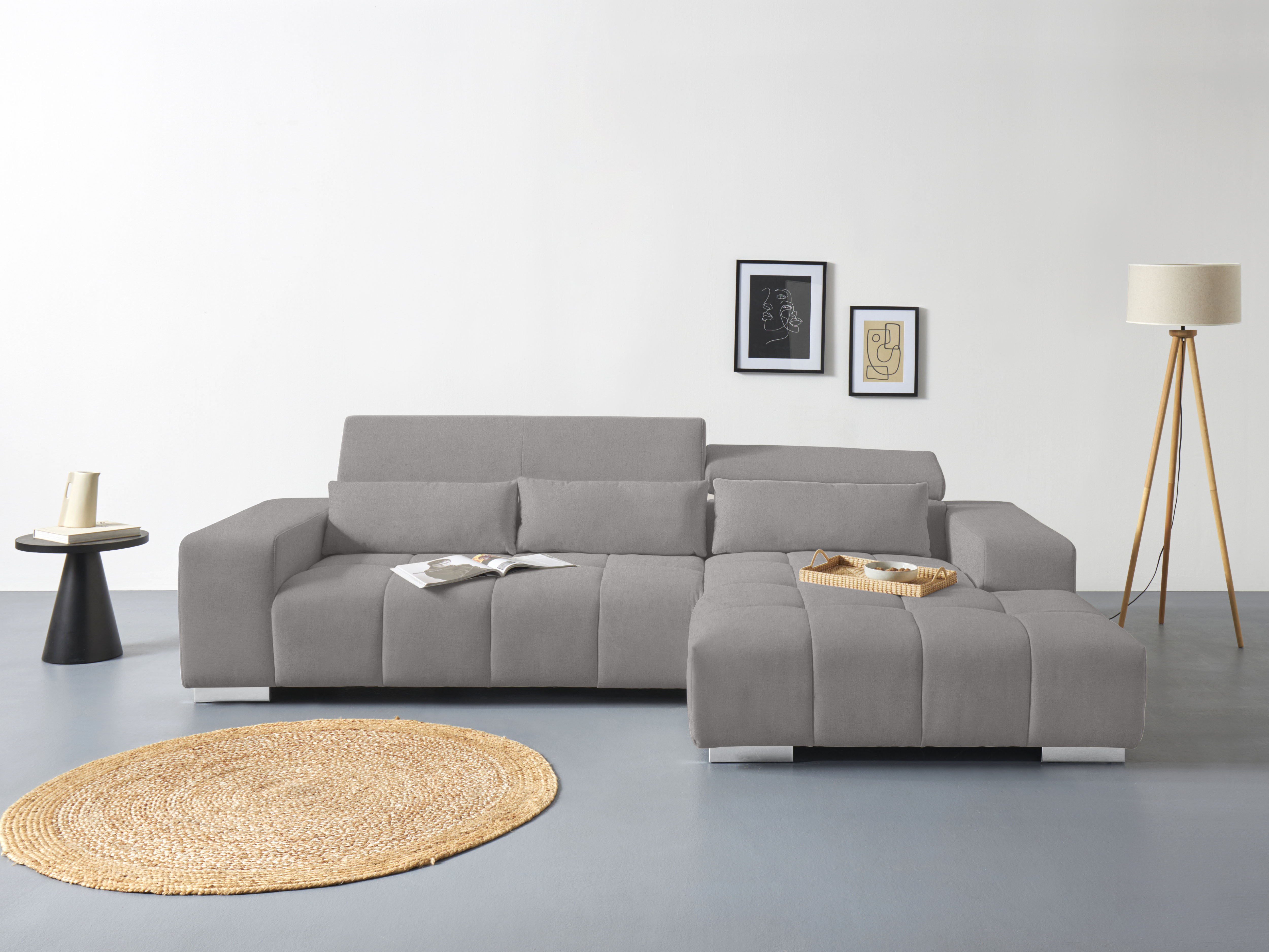COTTA Ecksofa "Orion L-Form, B: 307 cm, moderne Steppung, bequeme Wellenunterfederung" 2x Kopfteilverstellung & 3 Nierenkissen