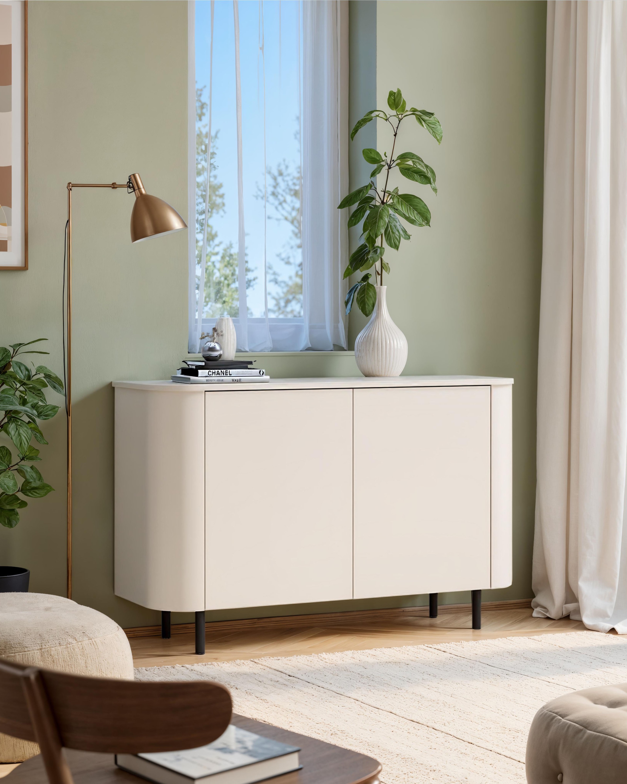 OTTO home Sideboard "Lido, 181 cm breit, 3 Türen, Anrichte, Kommode, Stauraumschrank" Formgebogenes MDF, Stirnseiten mit Rundung, Push-to-open, Metallfüße