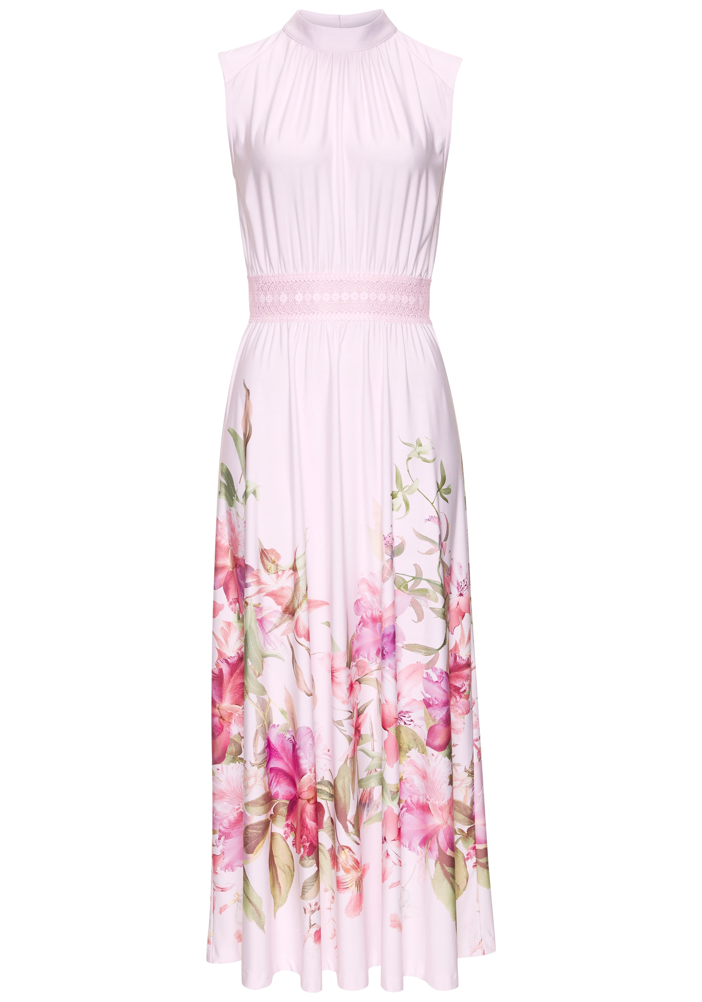 LASCANA Maxikleid »aus glatter bügelfreier Ware« mit Blumendruck, Sommerkleid mit Spitzeneinsatz, Jerseykleid, festlich