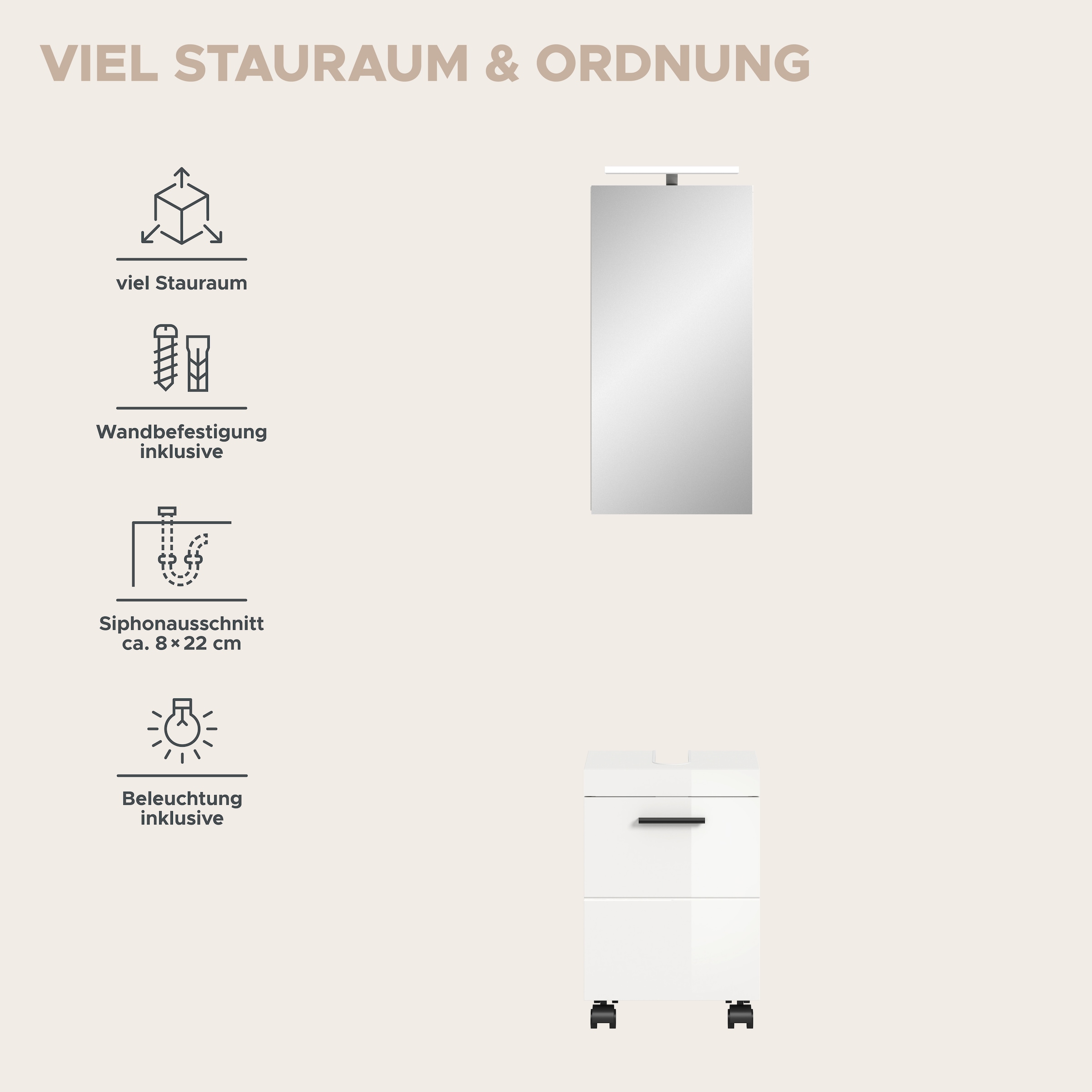 welltime Badmöbel-Set »AVON, Breite 40 cm, 2-tlg. Bad-Kombi auf Rollen, inkl. Beleuchtung« best. aus: Waschbeckenunterschrank & Spiegelschrank inkl. Beleuchtung, 2 Stk. tlg.