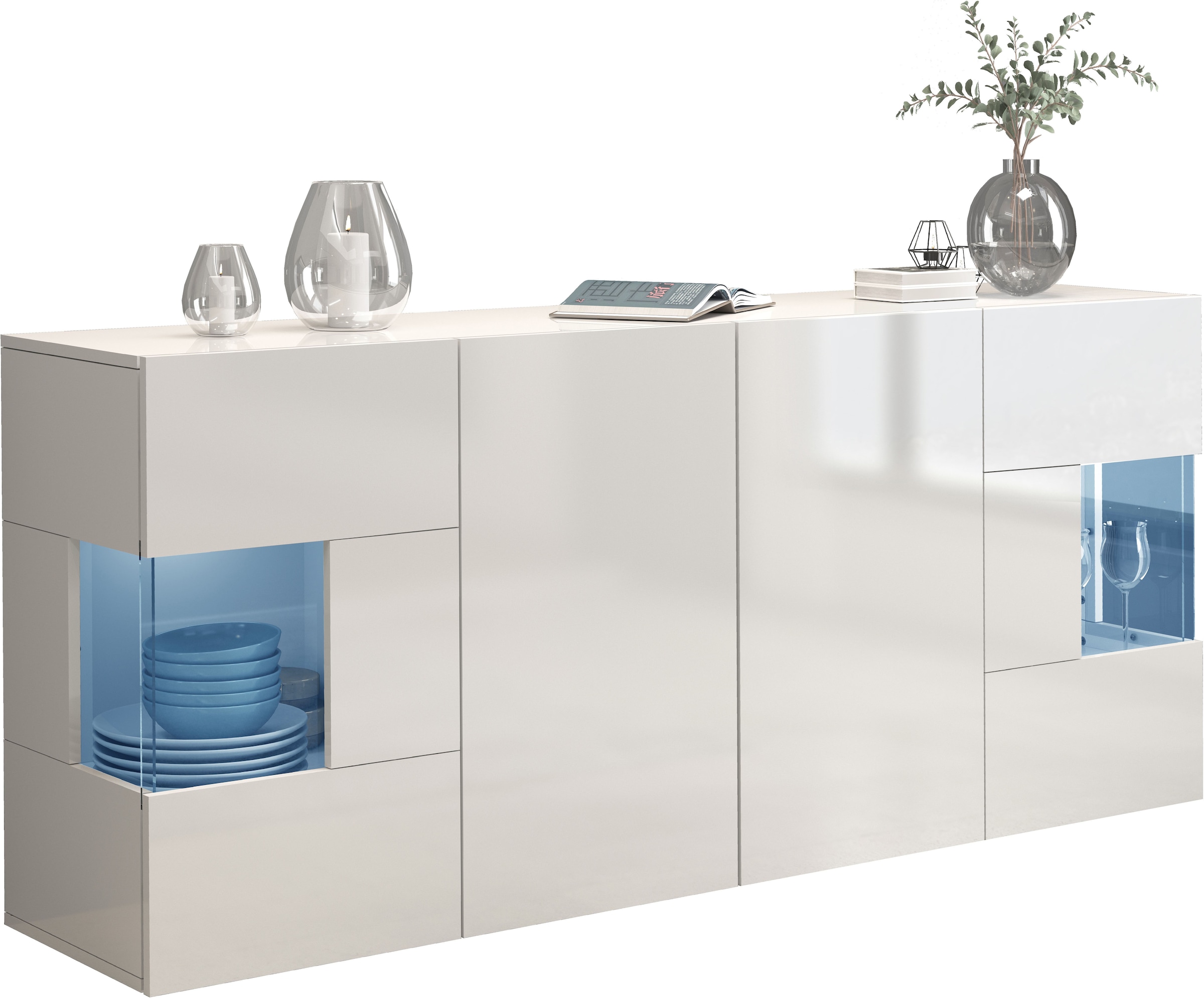INOSIGN Sideboard »Egypt, Kommode, Schrank, Kredenz, Vitrine grifflos«, 4 Türen davon 2 mit Glaseinsatz, kompl. Hochglanz lackiert, Breite 180