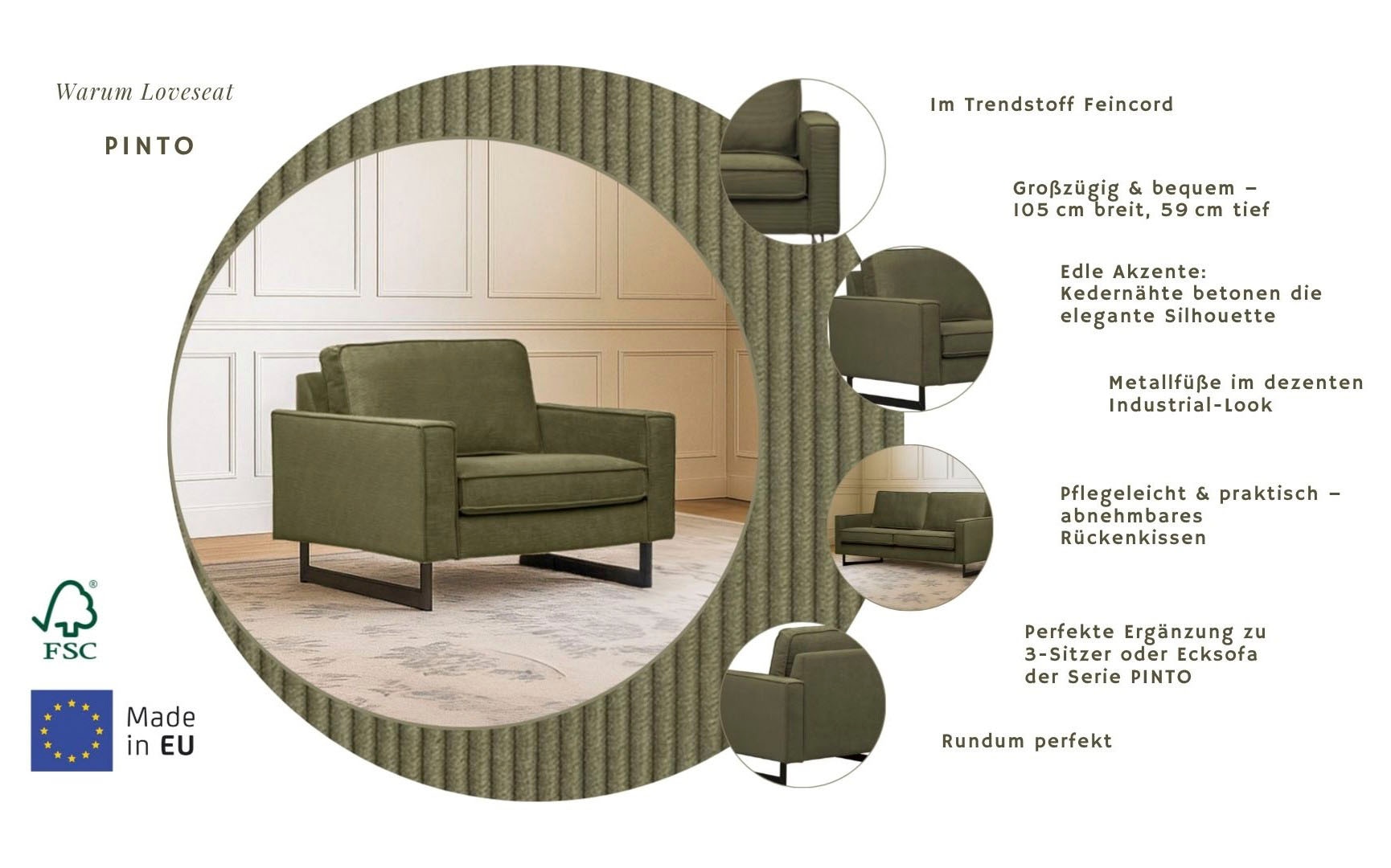 Home affaire Loveseat »Pinto 105 cm, Cord, Chenille, Lederoptik« mit Keder, Metallfüßen und auch in Cord Bezug erhältlich