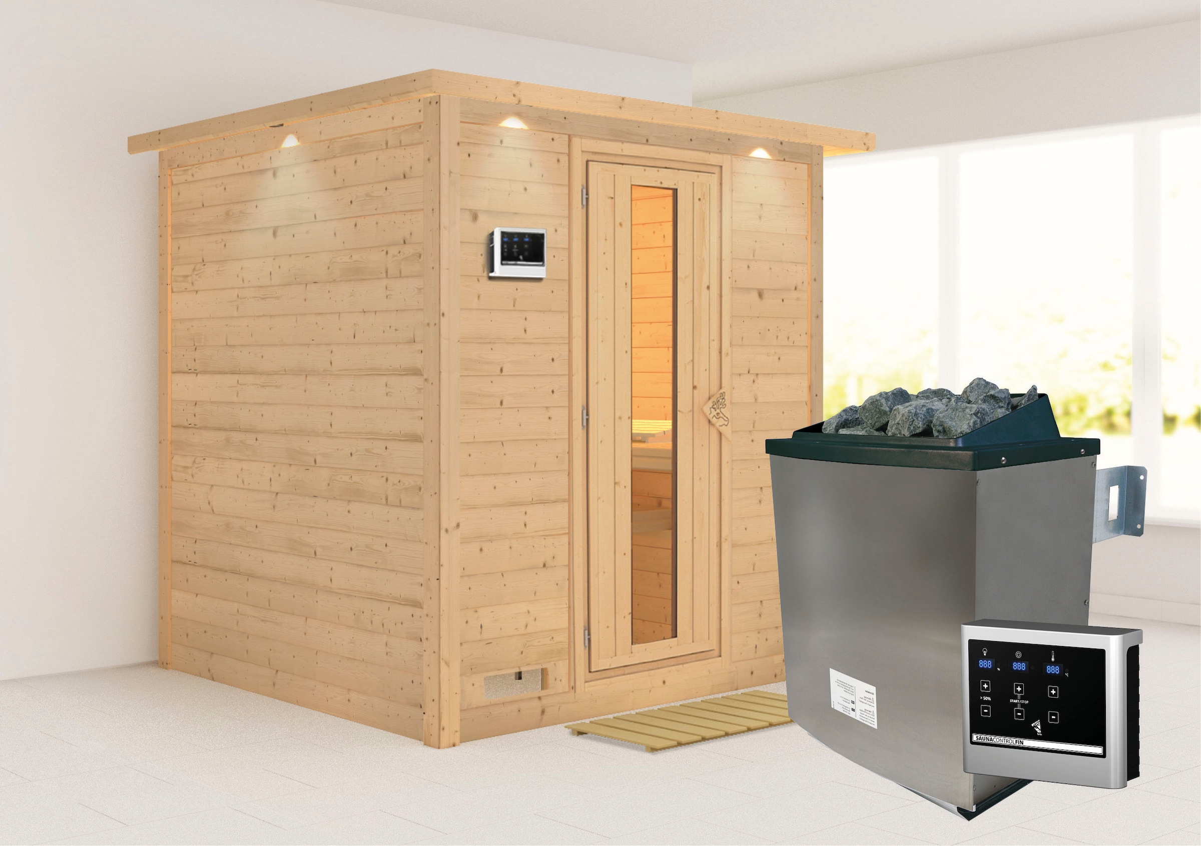 Karibu Sauna "Menja" Set, Ofen 9 KW externe Strg easy